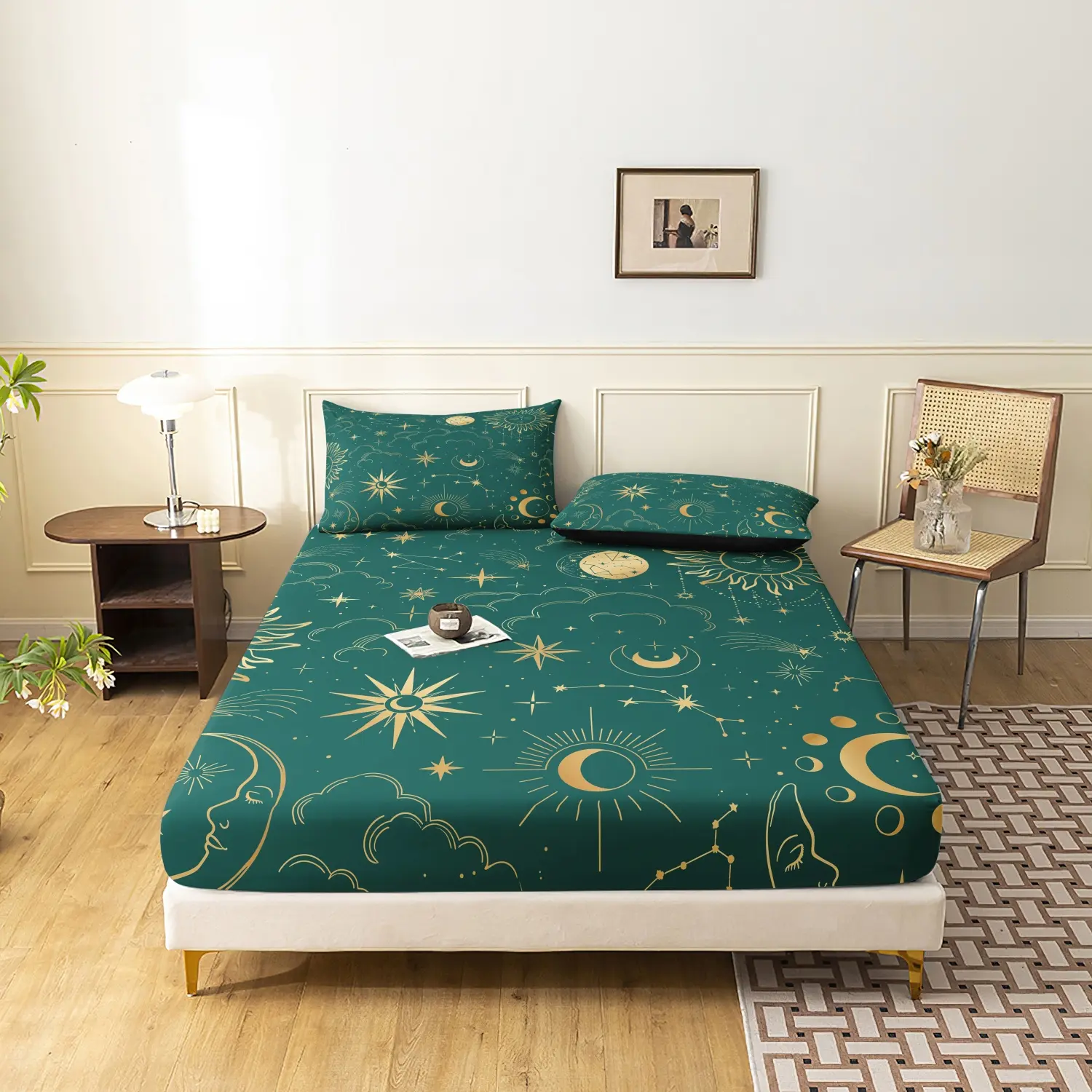 3 Pieces Emerald Green Golden Celestial Star Moon Print Fitted Sheet Set, Dark Green Bohemia Constellation Zodiac Printed Bedding, Style Bedding For Bedroom Home Decoration, Multiple Sizes Available (1 Fitted Sheet + 2 Pillowcases, No Pillow)