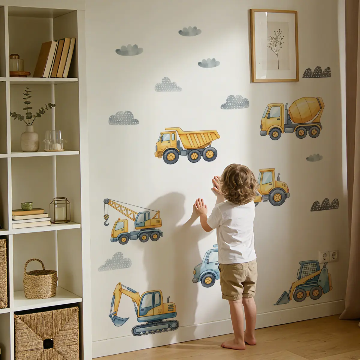 2Pcs Set (3060cm2pcs) Watercolor Construction Vehicle Wall Decals, Removable No Residue, Wall Decor for Kids Playroom Bedroom
