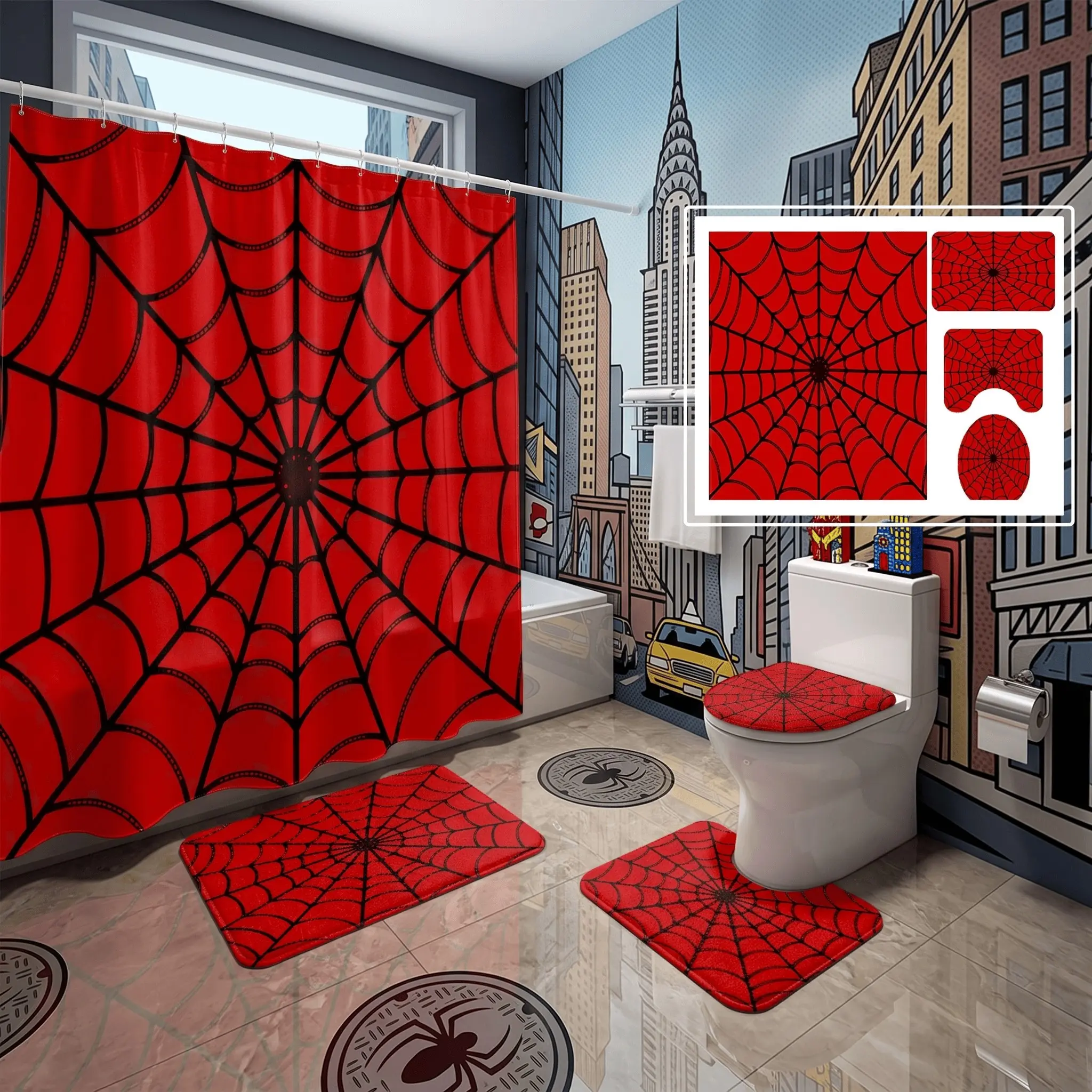4pcs Gothic Spider Web Bathroom Decor, Shower Curtain Set, Non-Slip Rugs, The floor mat fabric is thicker and softer! Toilet Lid Cover, Halloween Home Party Decoration
