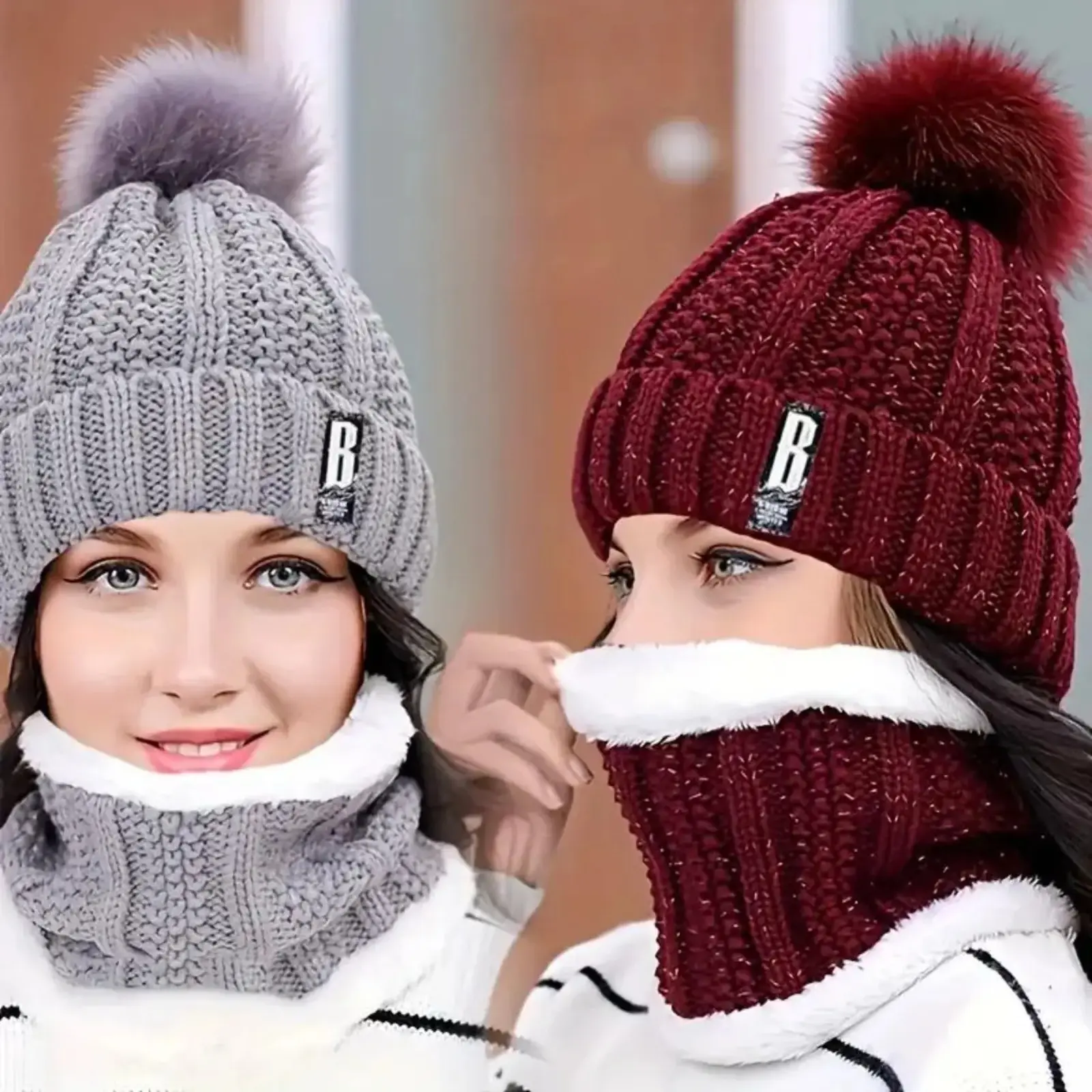 Unisex Solid Knitted Beanie Hat and Scarf Set, Acrylic with Thick Plush Lining, Warm & Windproof for Everyday & Leisure Winter Wear, Beanies, Daily, Plain, Knitwear, Casual, Thickened Plush, Beanie Fashion Accessory Sets