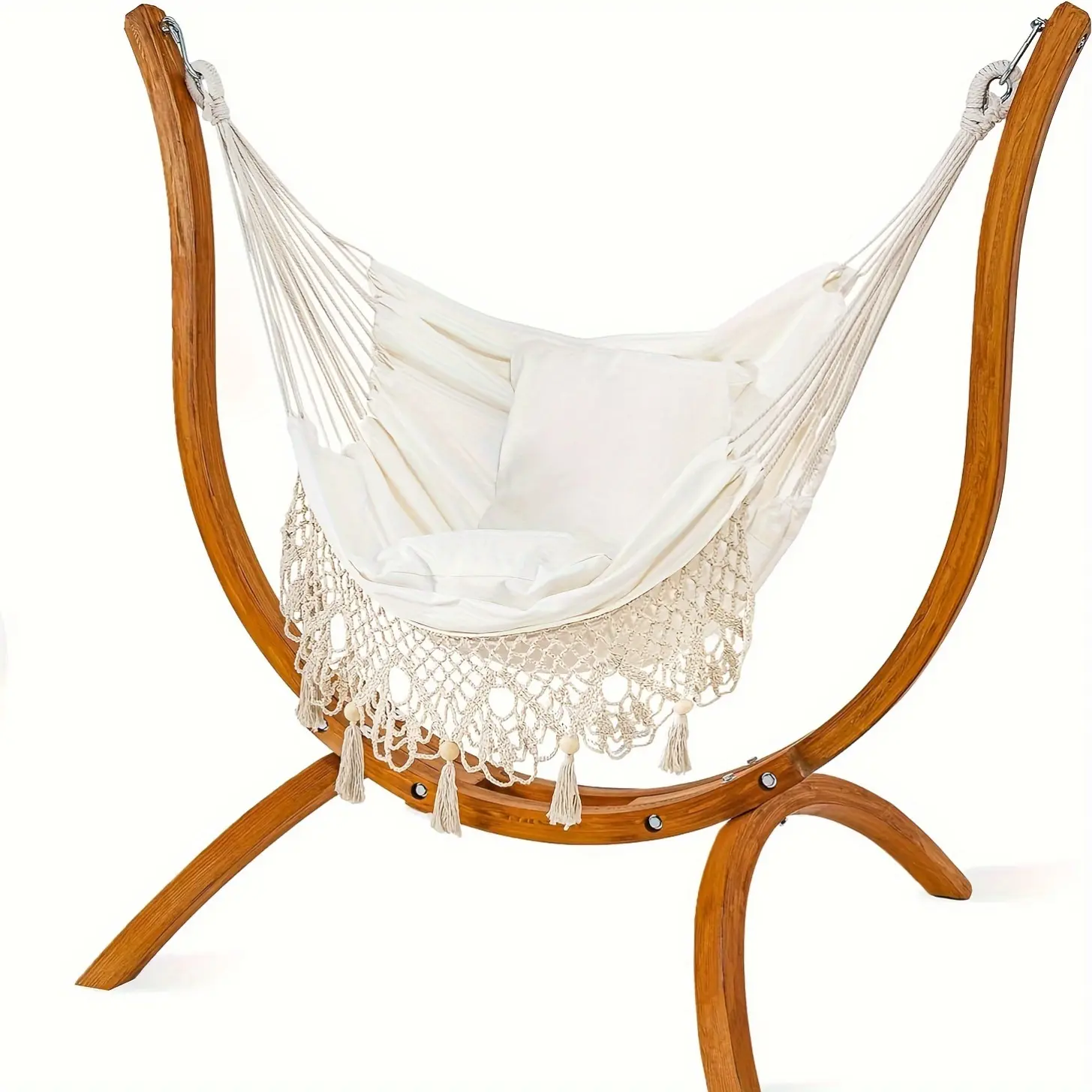 Hammocks Swing Chair With Stand, Heavy-Duty Wood Stand, Macrame Boho Handmade Adjustable Swing With Cushion For Yard, Garden, Porch 400lbs Capacity(Brown)