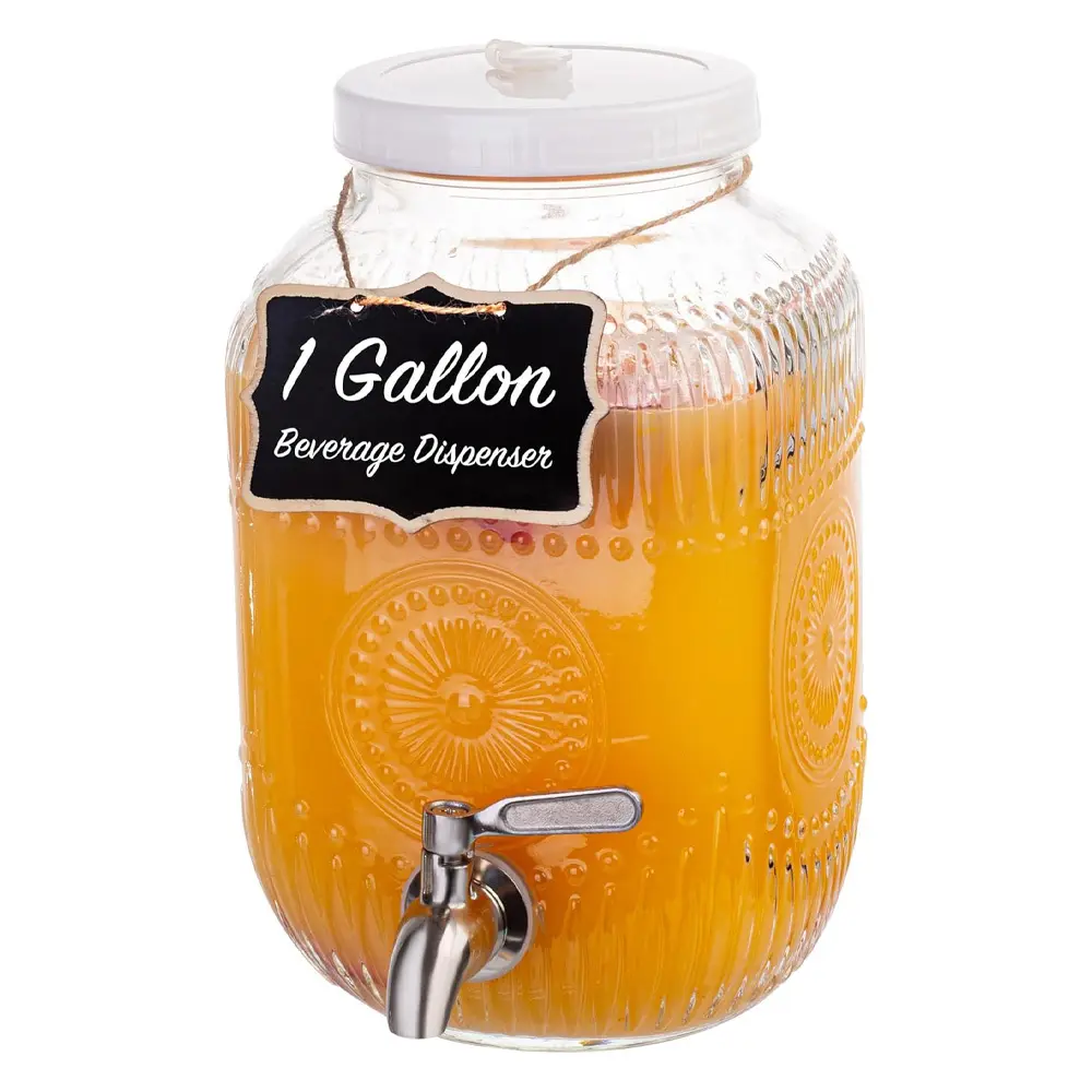 Amzcku 1 Gallon Glass Beverage Dispenser, 18/8 Stainless Steel Spigot and Lid - Glass Drink Dispensers for Parties - Mason Jar Drink Dispensers with Lids - Laundry Detergent Holder Drinkware Jugs