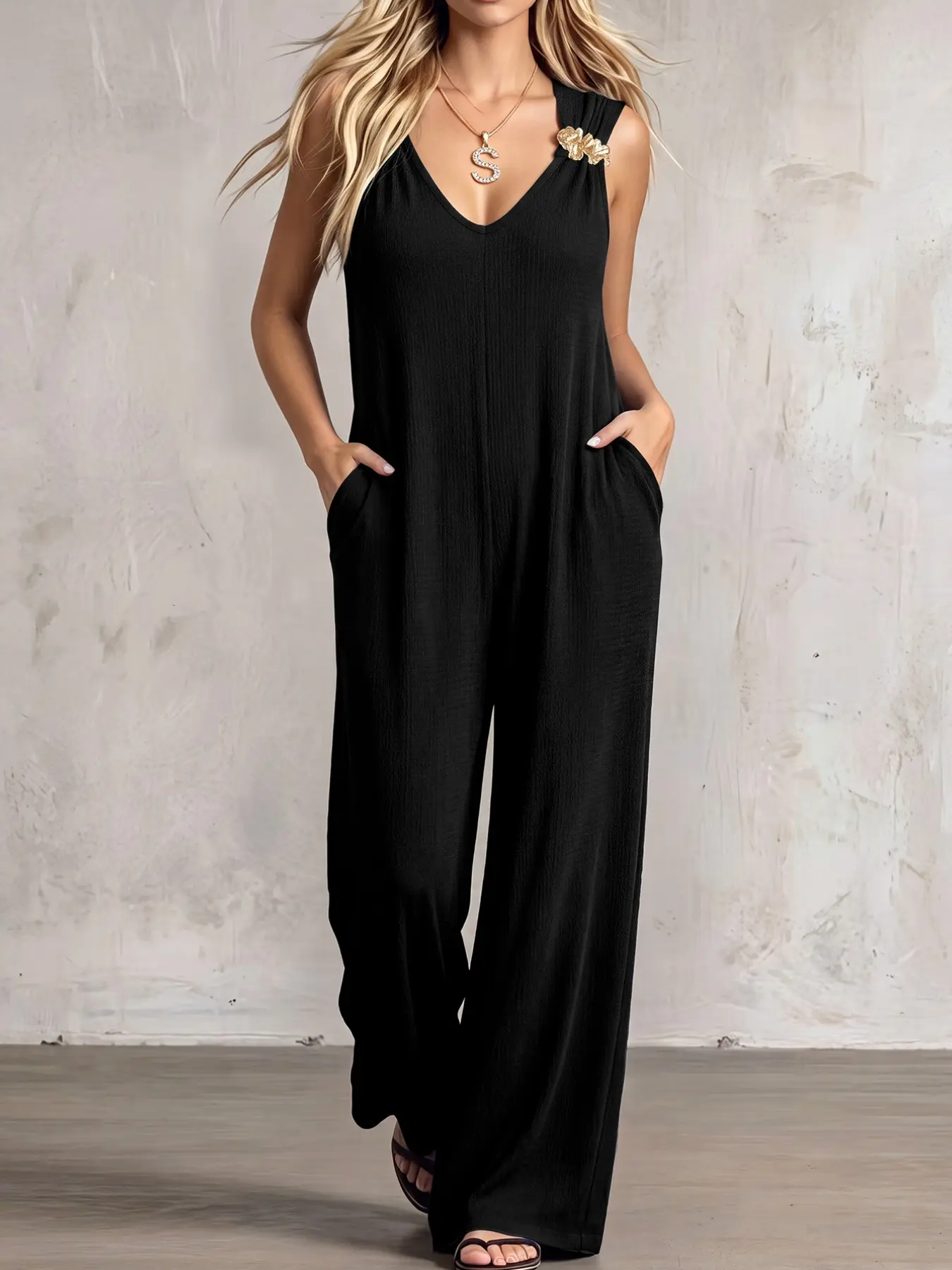 Summer Textured Sleeveless Hooded Romper, Detachable Metal Pin, U-Neck Loose Wide Leg Pants, Casual Home with Pockets