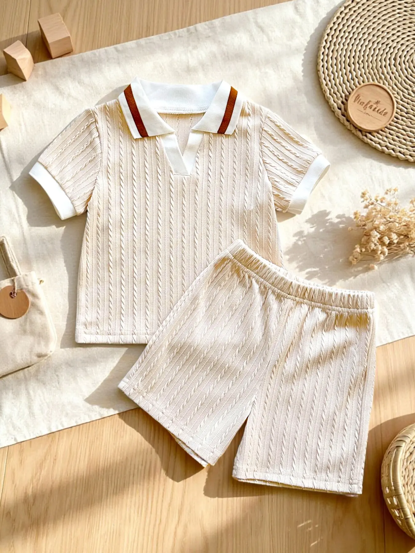 Boys' Summer Polo Two-Piece Set, Cream Color Textured Short Sleeve Top and Loose Shorts, Casual Summer for Boys 0-3 Years