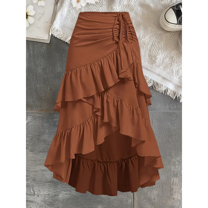 Women's Chic Elegant Tiered Ruffle Midi Skirt - Solid Polyester, Asymmetrical Pleated Hem, Suitable for Spring and Autumn Women's Bottoms