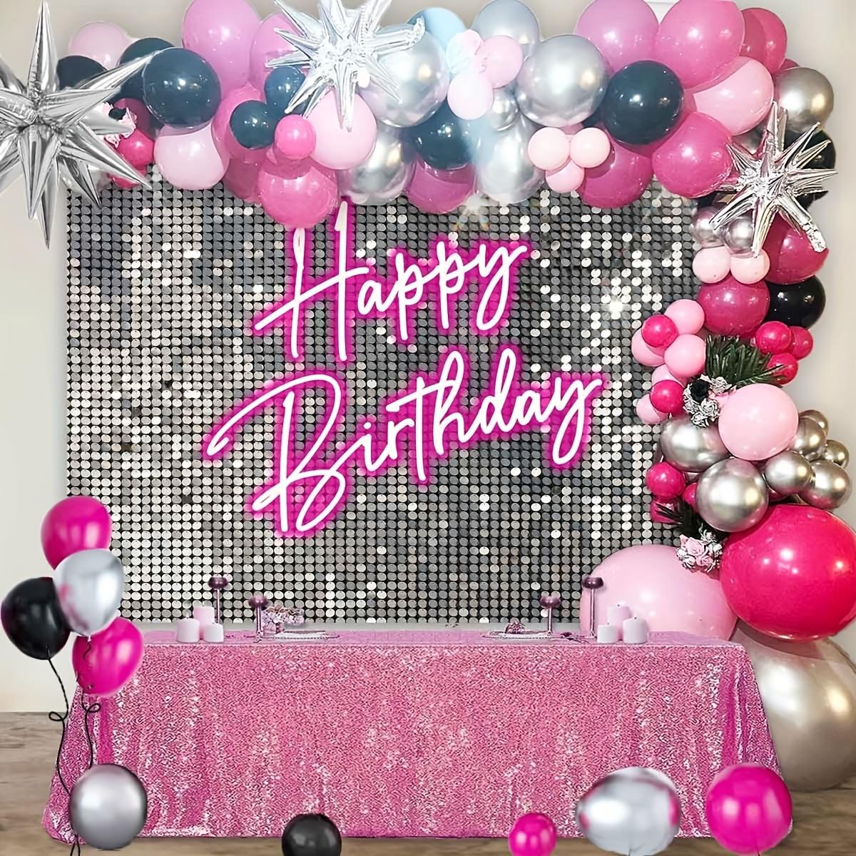 Sparkling Pink Neon Birthday Backdrop - Premium 100% Polyester Soft & Glitter Photography Banner with "Happy Birthday" Text - Perfect for Women's Milestone Parties, Photo Booths & Home Decor