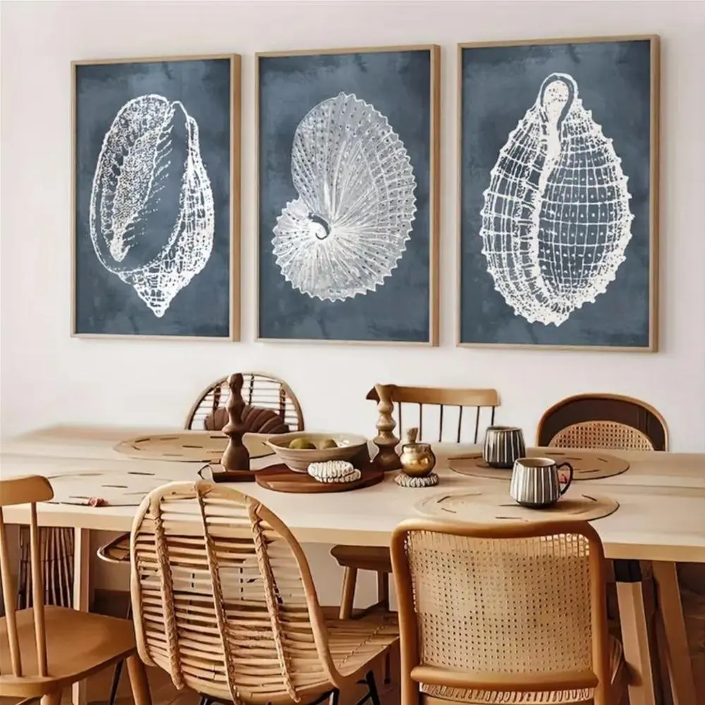 3 Pieces Beach Seashell Modern Blue Nautical Art, Seaside Cottage Wall Mural, Fresh Marine Home Art, Nautical Gallery Decor, Blue Tone Painting, Wall Decor for Living Room and Bathroom, Framed or Unframed, Canvas Art