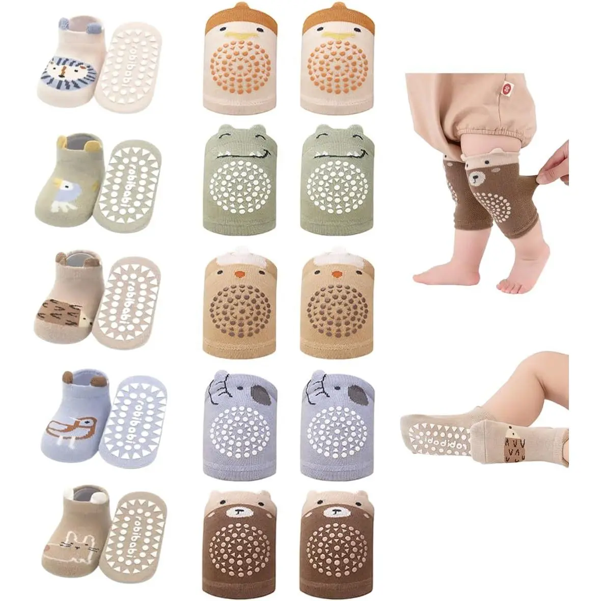 Unisex Baby Knee Pads and Ankle Socks, 10-Pair Brown Animal Set for Toddler Crawling with Anti-Slip Grips, All Seasons Protection, Ankles, Animals, Knees, No Warning Applicable, Nonslip Kneepads, 10 Pairs-Clorful Animal Set