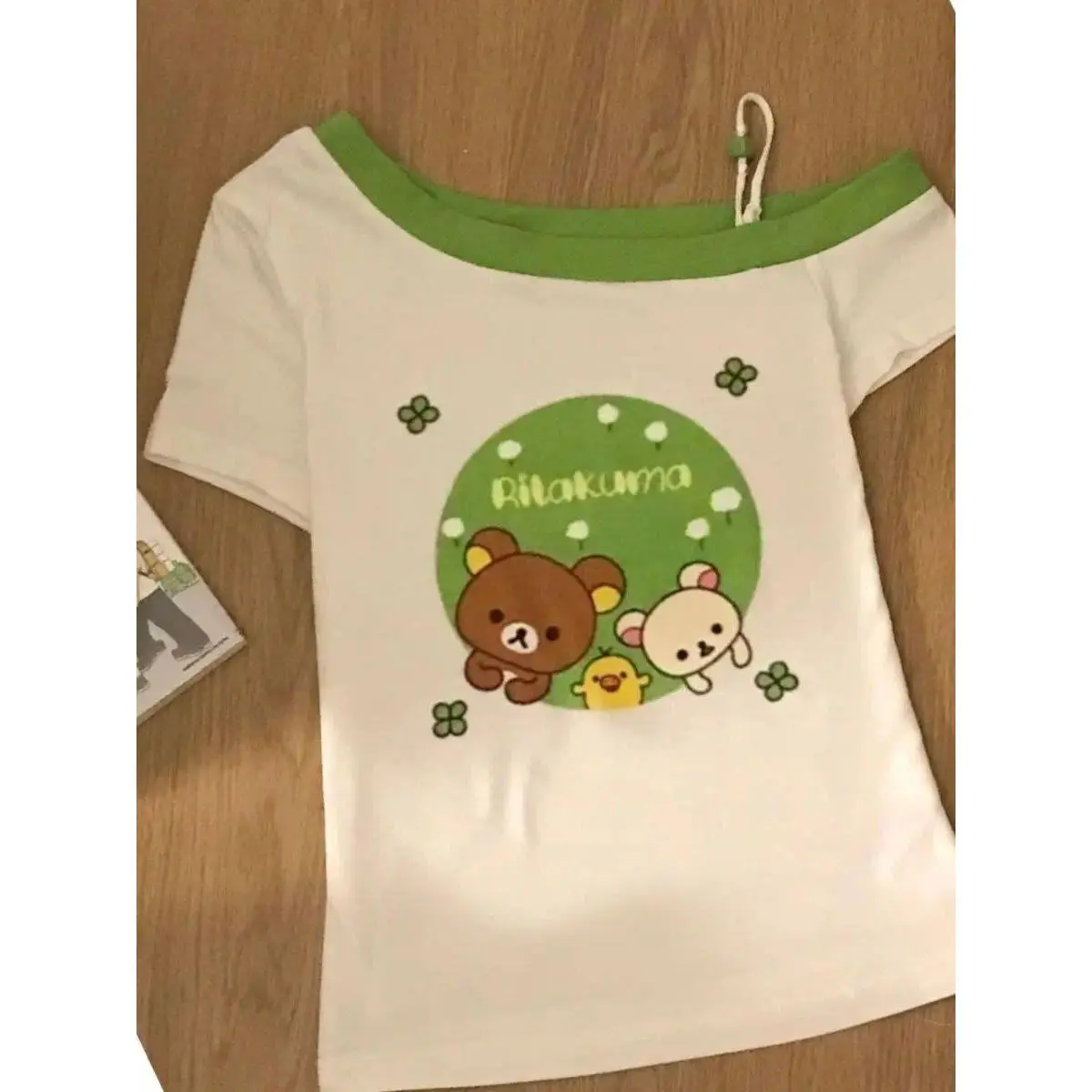 Cute Bear oulder Bared ort Sve T irt Slim Fit een Color Luy Four Le Clover Sle Women's Summer Top Casual irt