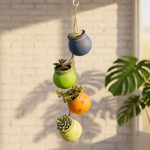 DIY 4 Tier Hanging Planters for Indoor Plants, Bohemian Hanging Pot with Artificial Succulents, Wall Mounted Plant Holder for Home Decoration, Hanging Flower Pots
