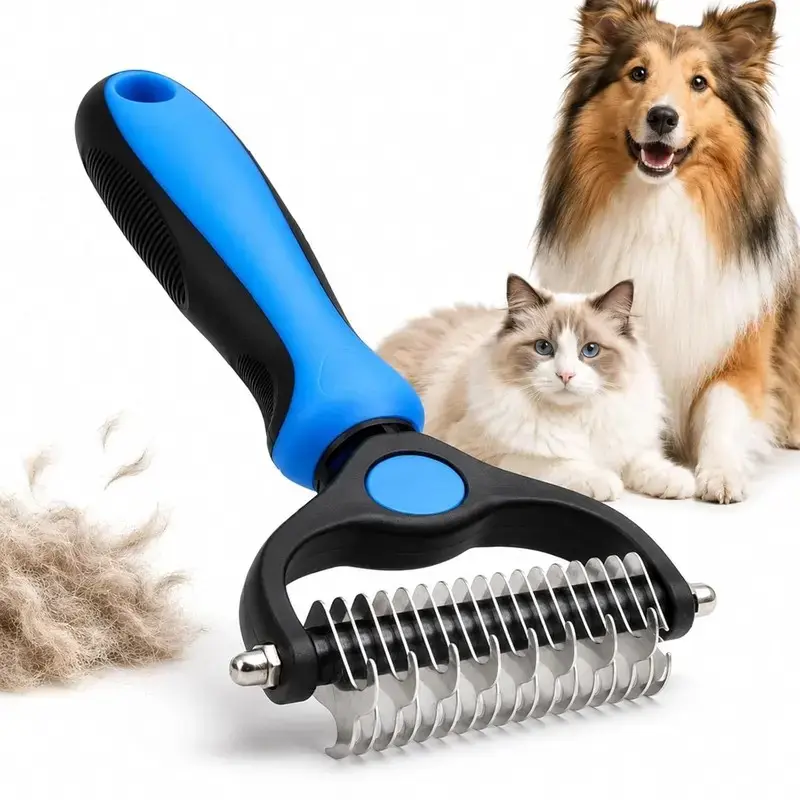 Pet Detangling Comb for Dogs and Cats, Dual-Sided Stainless Steel Grooming Tool, Deshedding Tool, Deshedding Brush, One-Button Clean, Removes Loose Hair and Knots, Daily Care