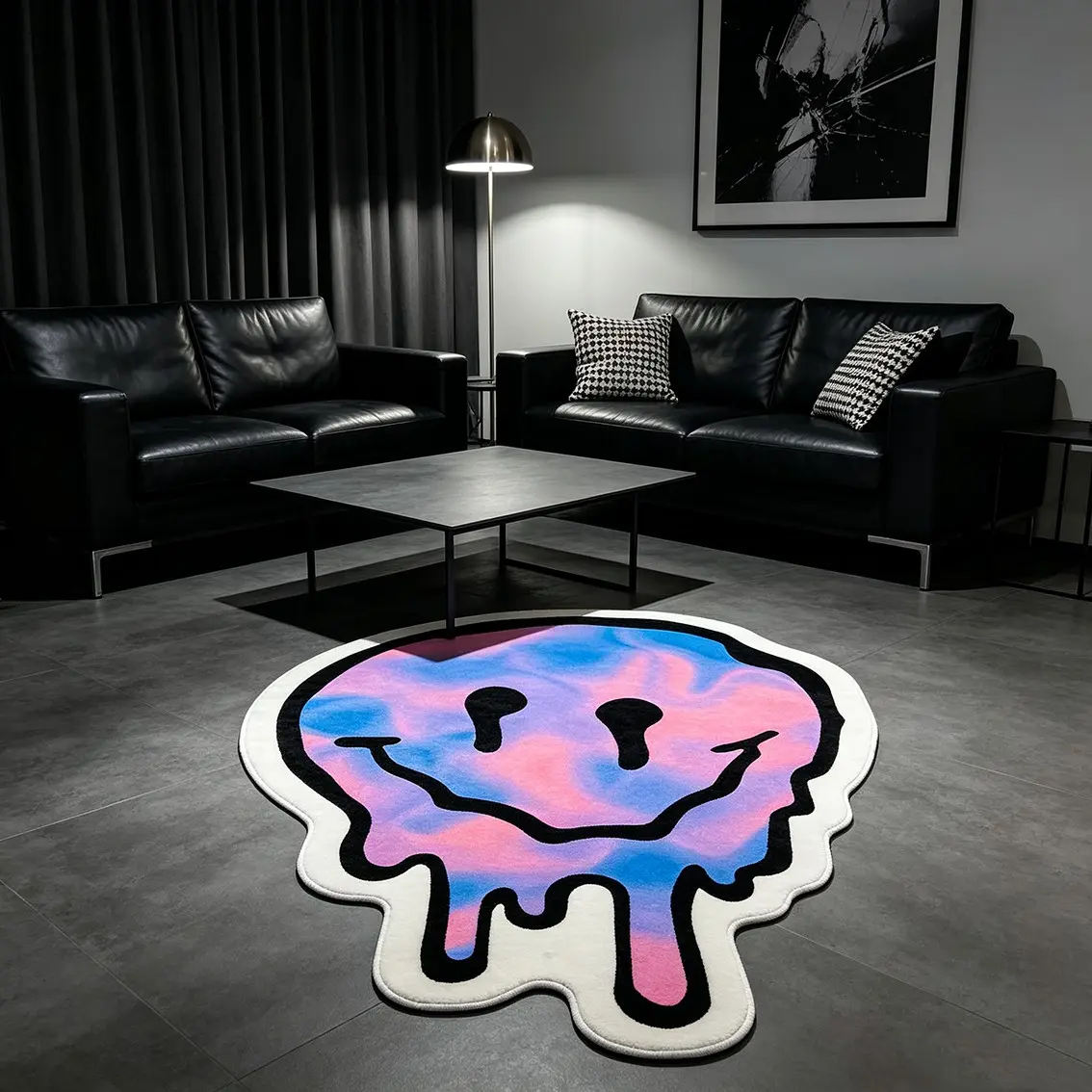 Tie dye gradient melting dripping smiley face art irregular carpet soft sticky high-density plush material living room trendy play display area decorative floor mat dark street trendy people contrasting color atmosphere soft decoration Floor Rugs