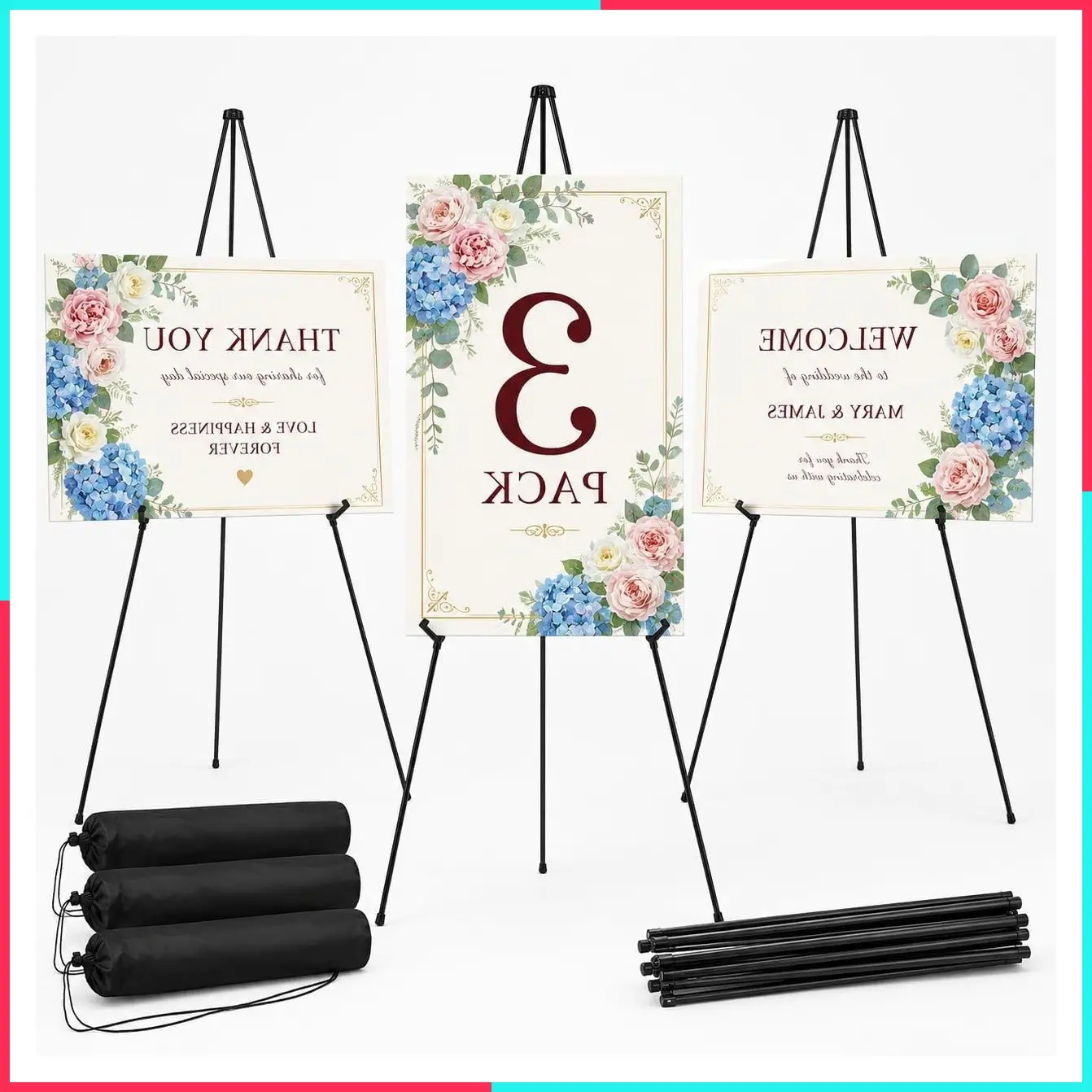 3 Pack 63 Inch Portable Black Metal Floor Easel Stand for Wedding Welcome Sign, Poster Board, Party, Presentation, Event Display with Storage Bags