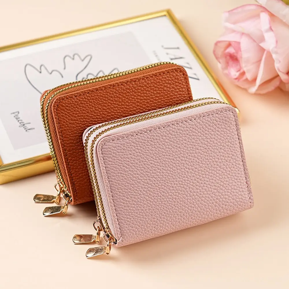 Large Capacity Dual Zipper Accordion Card Holder for Women, Lychee Texture Multi Card Slot Coin Purse, Organized Small Wallet for Cards Cash Coins
