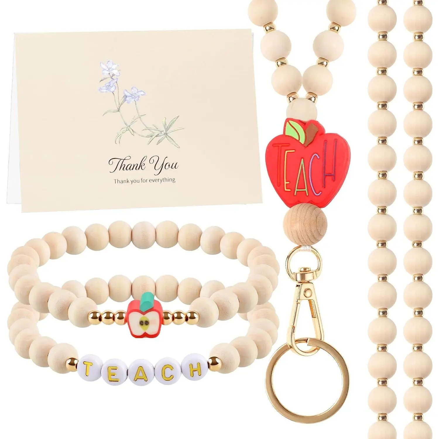 Teacher Appreciation Gifts, Teacher Gifts Teachers Bracelet with Wooden Beaded Teacher Lanyard Thank You Cards for Women