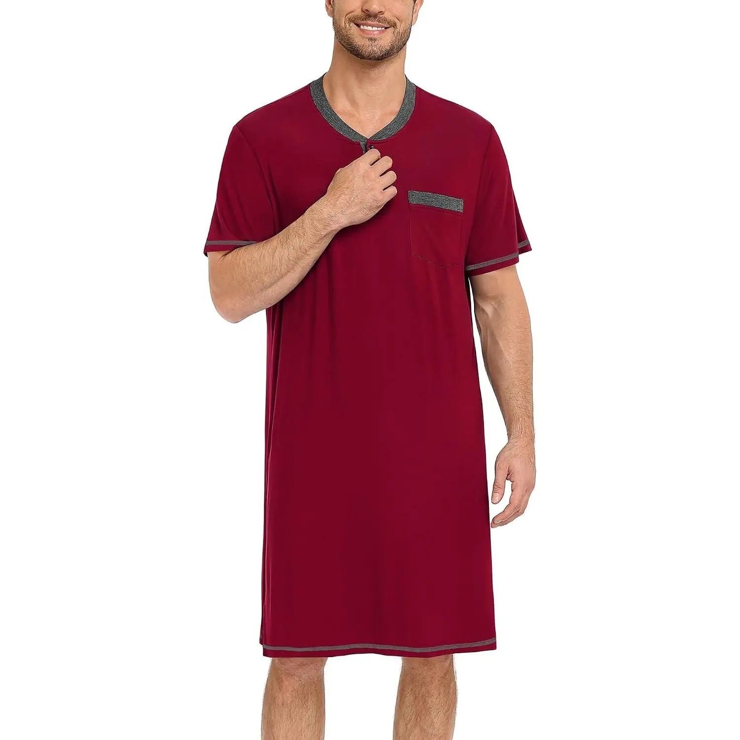 Mens Nightshirt Modal Short Sleeve Nightgown Henley Night Shirts Sleepwear Big & Tall Nightwear