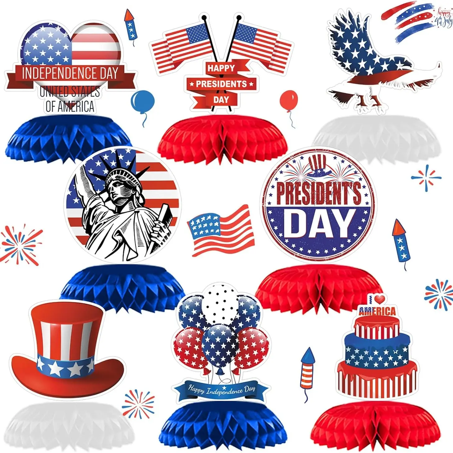8pcs Independence Day Honeycomb Centerpieces, Blue American Flag, Eagle Statue of Liberty, 4th of July Party Decorations