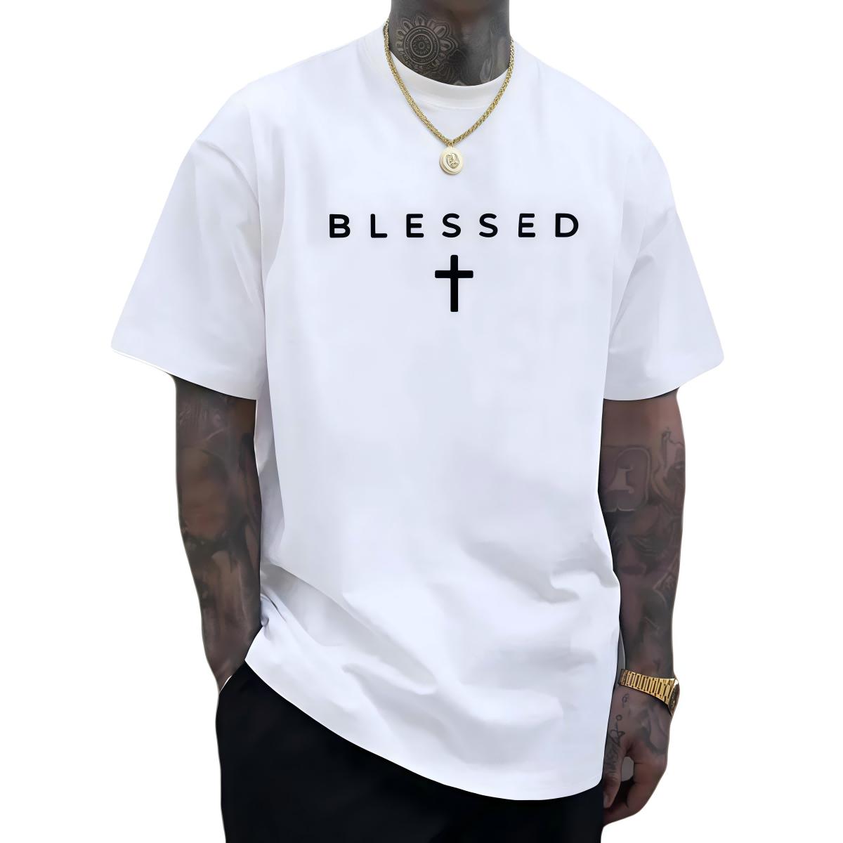 Cross & "BLESSED" Letter Graphic Printed T-Shirt, Crew Neck Cotton Polyester Tee, y2k Fashion Casual Streetwear Humor Shirt for Men Women, Comfortable & Breathable Material, Everyday Outfit, Trendy Aesthetic Outfit 2026, Gifts, SuperYi