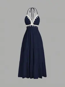 Women's Shell Decoration Tie Waist Halter Neck Midi Dress, Elegant Mid-Length Dress with Shell Accent, Perfect for Casual & Formal Occasions