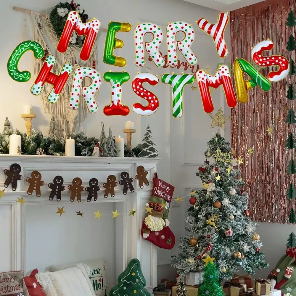 Merry Christmas Letter Balloons Banner, Merry Christmas Foil Xmas Balloon for Xmas Party Decorations (Candy Color) 