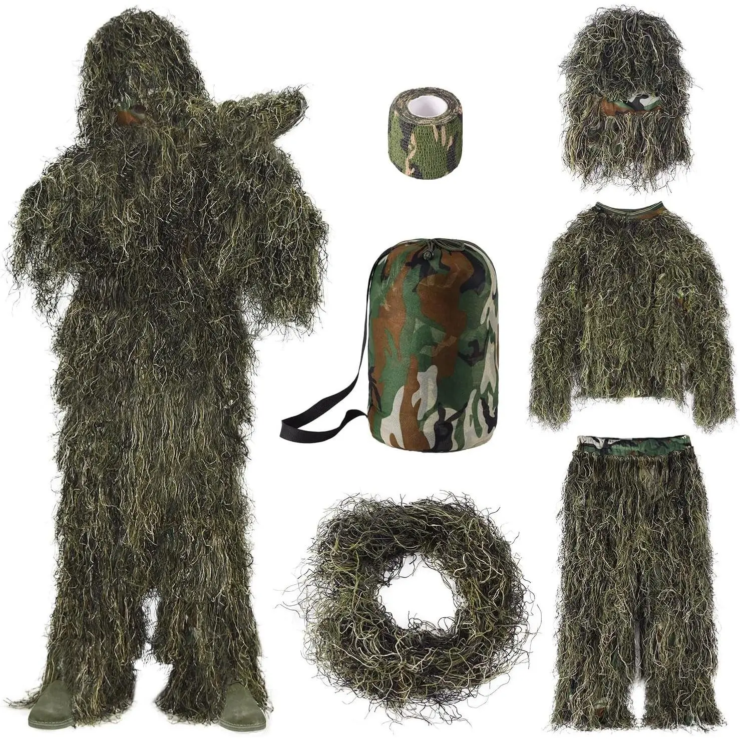 5-in-1 Ghillie Suit, 3D Camouflage Hunting Suits for Adults & Youth | Jacket, Pants, Hood, Carry Bag and Camouflage Strap Included, S-XXL for Kids, Men & Women