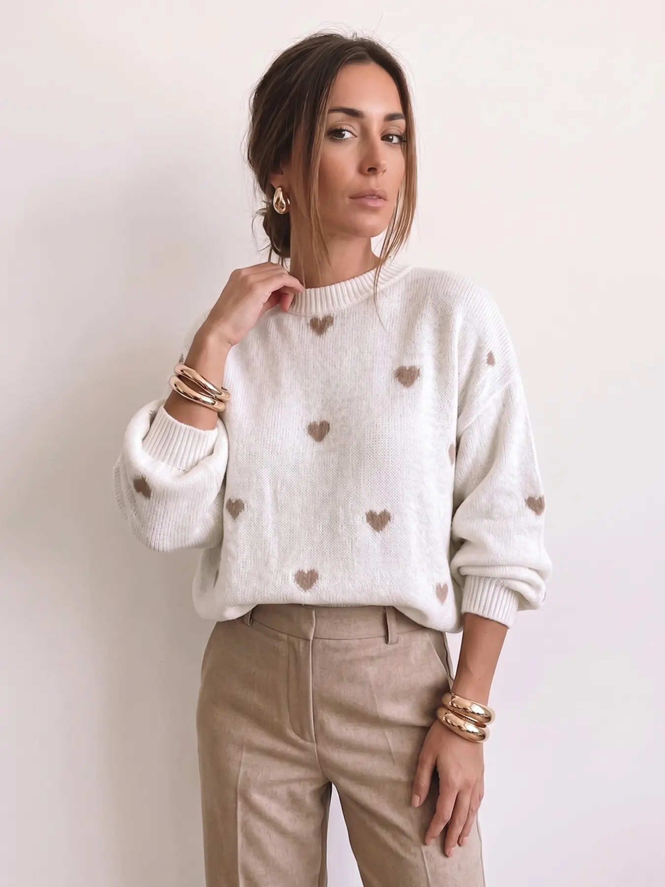 White Heart Jacquard Sweater for Women, Sweet Autumn Winter Fashion, Warm Casual Pullover Top, Long Sleeve, Balloon Sleeve, Versatile Knitwear