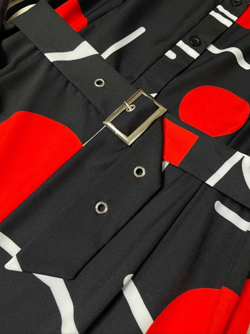 Women's All Over Geometric Print Buttons Belted Wide Leg Jumpsuit, Casual Basic Jumpsuit, Elegant Casual Long Sleeve Collared Jumpsuit for Spring & Fall, National Day Clothing, Ladies Clothes for Daily Wear