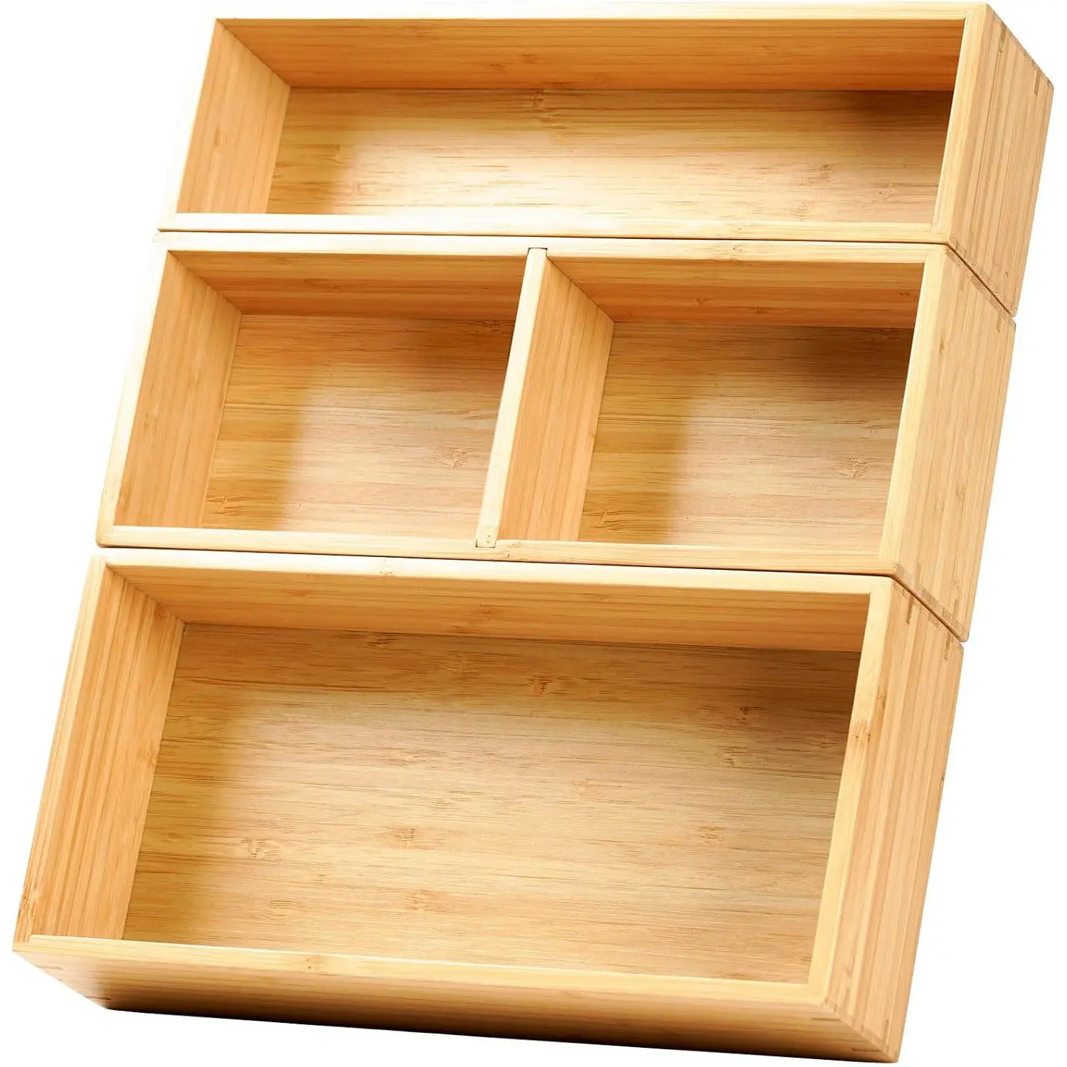 Authentic Bamboo Rectangular Drawer Organizer - 2.5" Height Divider with 3 Modular Rearrangeable Bins, Anti-Skid Ft for Office Desktop, Jewelry (Home & Bathroom Supplies)