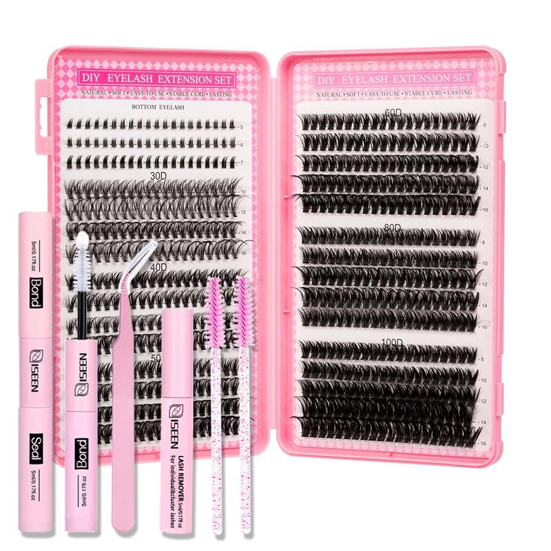 Individual Eyelash Extension Kit, 1 Set False Eyelashes Diy Cluster Lash with Eyelash Glue & Tweezers & Glue Remover, Professional Eye Enhancement Tools for Women, Makeup DIY Eyelashes Kit Natural Set