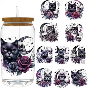 4 Sheets 16oz UV DTF Cup Wrap - Removable - DIY UV DTF Transfer Papers for Mug Cups,Notebook - Easy-Peel UV DTF Transfers for Smooth Surfaces (Mystical-Witchy-Cat)