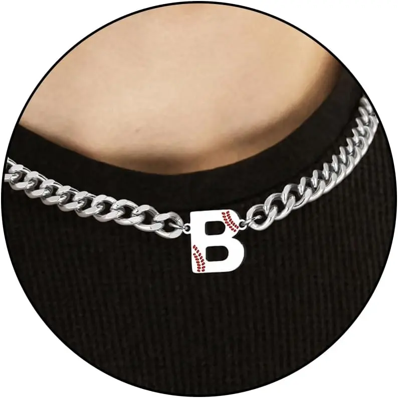 Baseballs - Necklaces for Boys Men Initial Necklace Cuban Chain Gifts| Baseball Necklaces for Boys Stainless Steel Initial Necklace with Letter A-Z 6.5mm Cuban Chain Adjustable Gifts