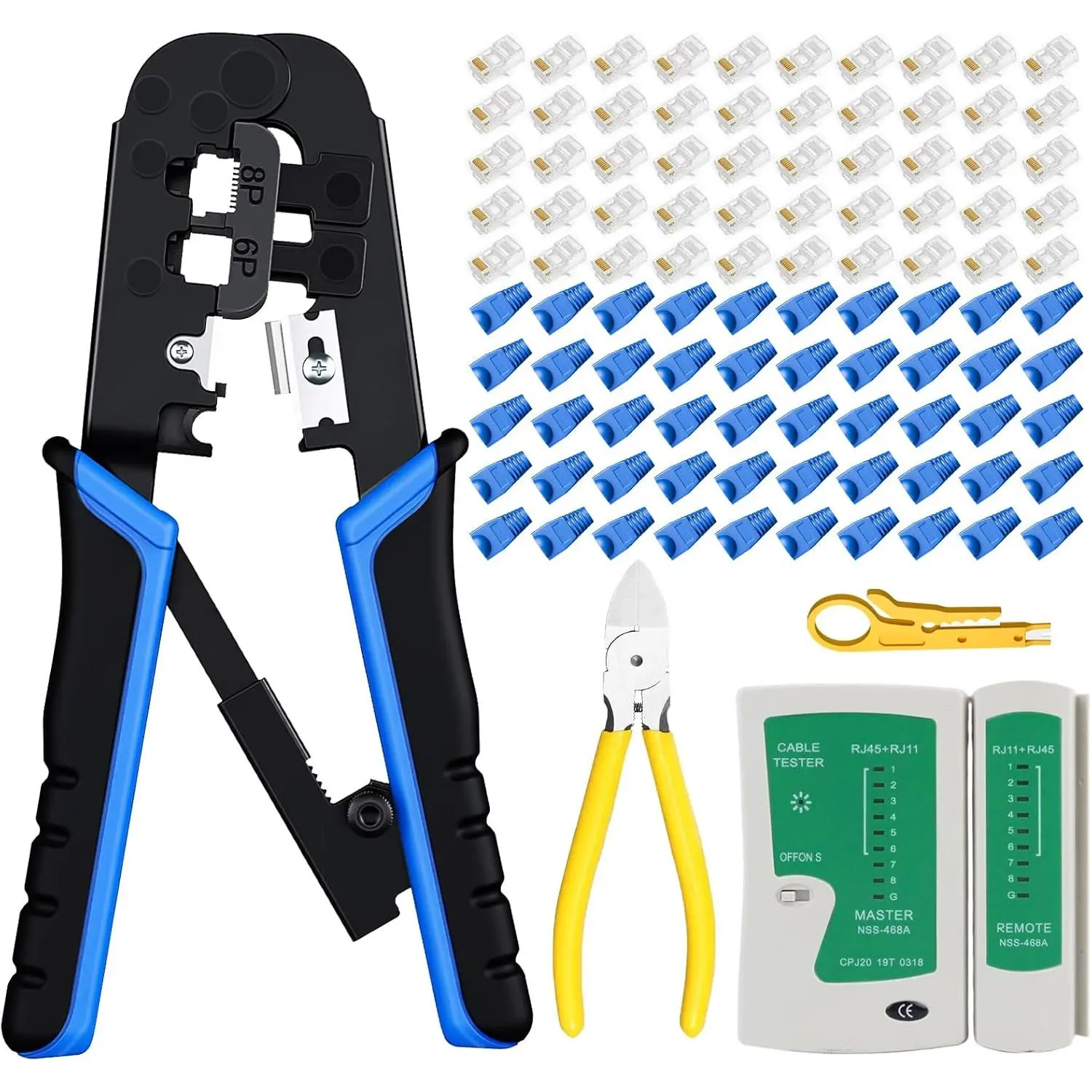 RJ45 Crimp Tool Ethernet Crimper Tool Kit Cat 6 Cat 5E Cat 5 Crimping Tool with Network Cable Tester, Wire Cutter Pliers, Mini Cable Stripper, 50 Pcs Cat 5E Connector and Strain Relief Boots