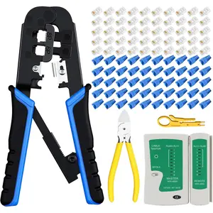 RJ45 Crimp Tool Ethernet Crimper Tool Kit Cat 6 Cat 5E Cat 5 Crimping Tool with Network Cable Tester, Wire Cutter Pliers, Mini Cable Stripper, 50 Pcs Cat 5E Connector and Strain Relief Boots