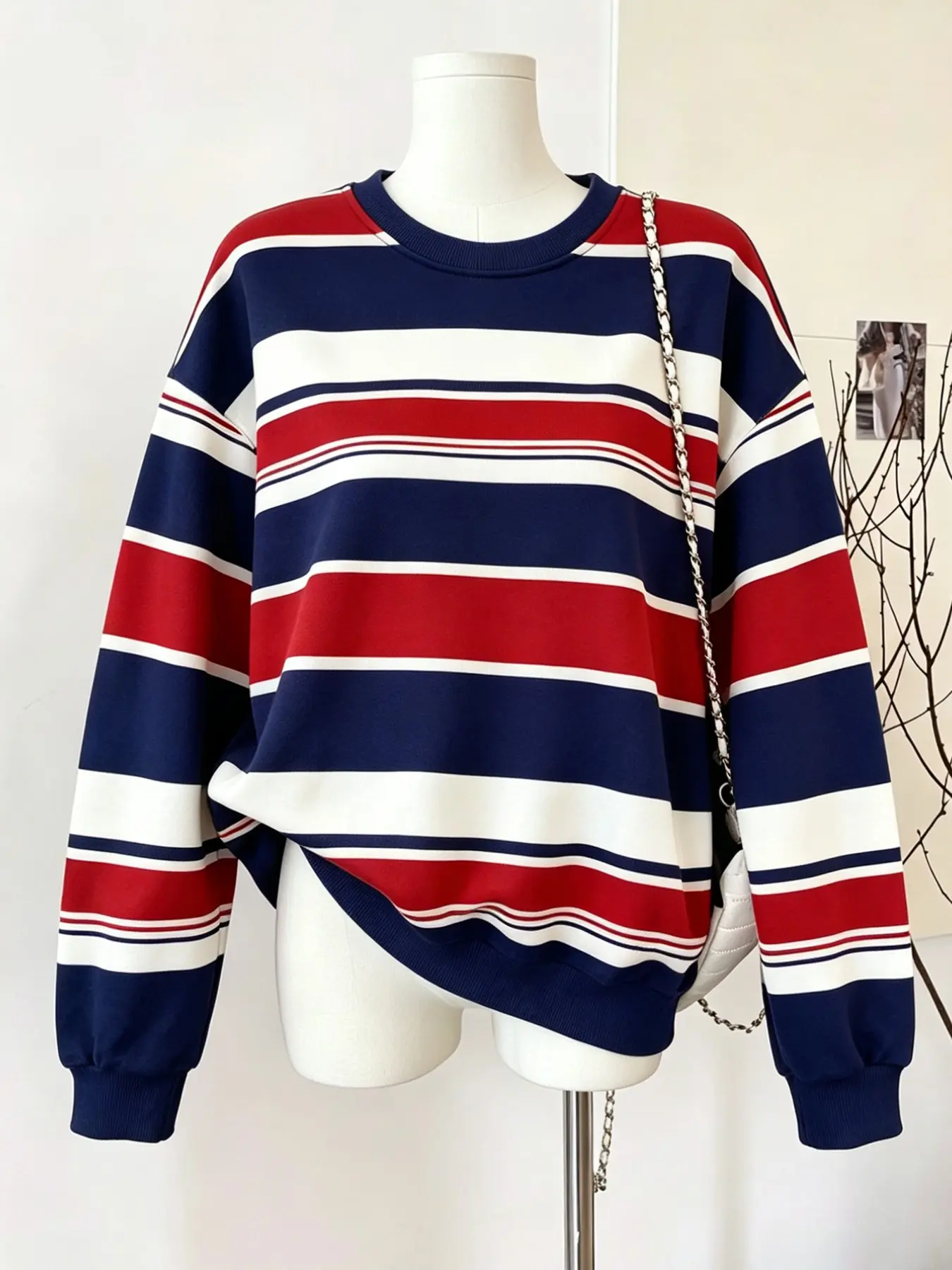 Striped Pattern Casual Long Sleeve Round Neck Fleece Pullover, Ideal for Camping, Fall, Winter, Back-To-School, Fashionable Women's Sweatshirt