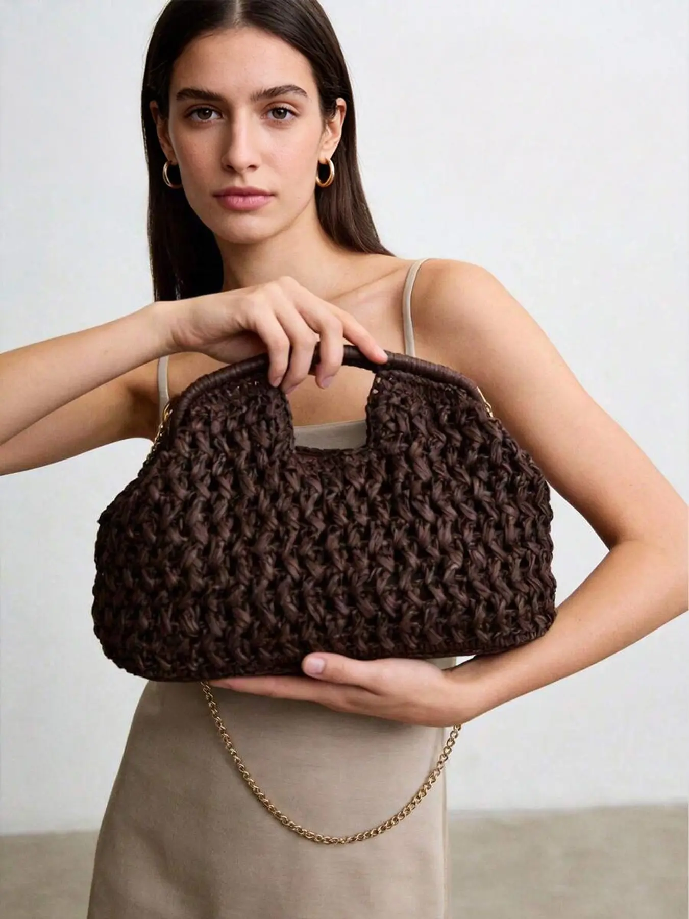 Retro minimalist lazy style woven handbag with chain shoulder strap design, large capacity casual versatile practical texture single shoulder crossbody bag, suitable for beach vacations and daily commuting, Braided Crossbody, Handbag Shoulder Purse