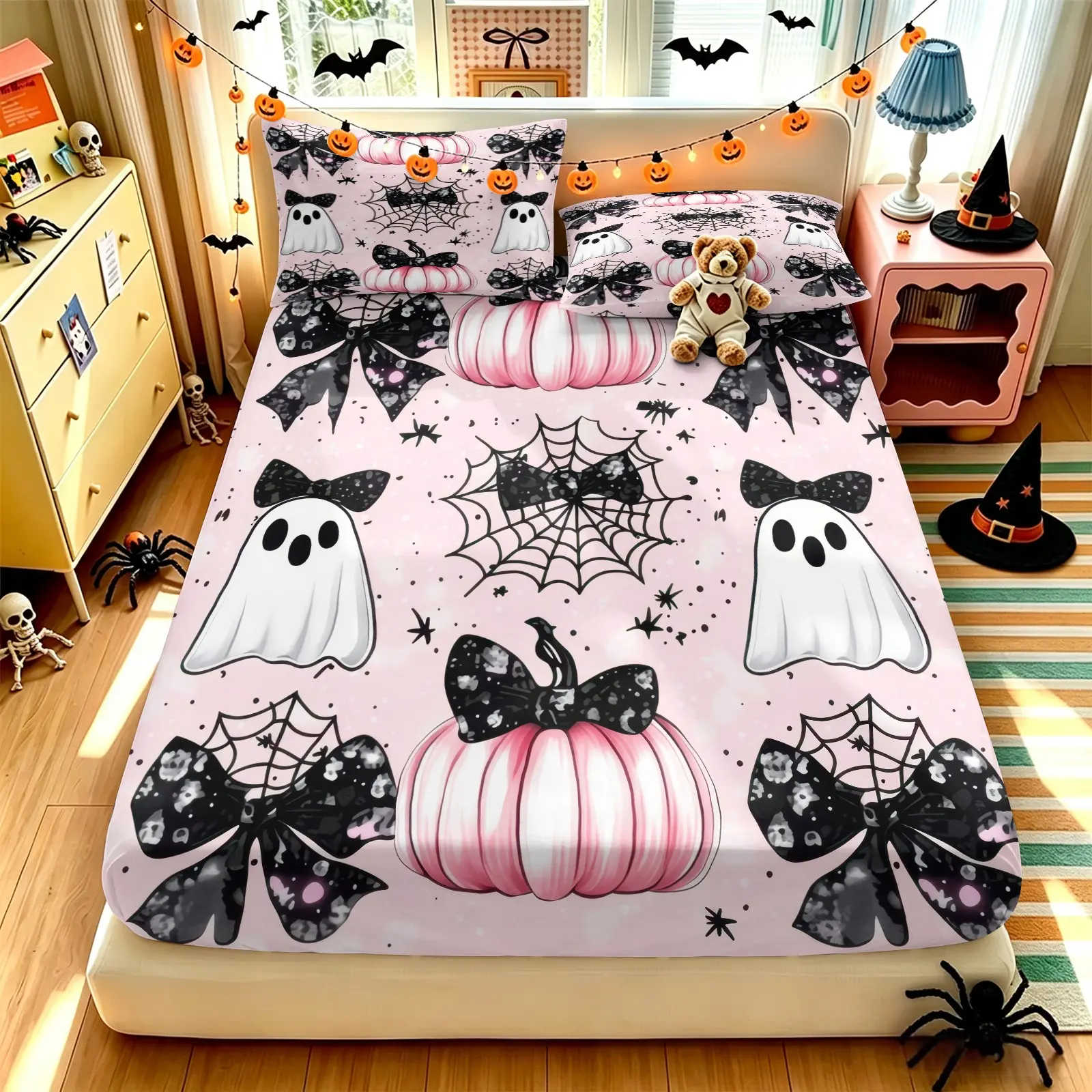 Cute Pink Halloween Ghost Pumpkin Fitted Sheet Set (1 Fitted Sheet + 2 Pillowcases), Soft Breathable Microfiber, All‑Around Elastic Deep Pocket Non‑Slip Bedding Set, Spider Web Bowknot Print, Sweet Spooky Halloween Bedroom Decor