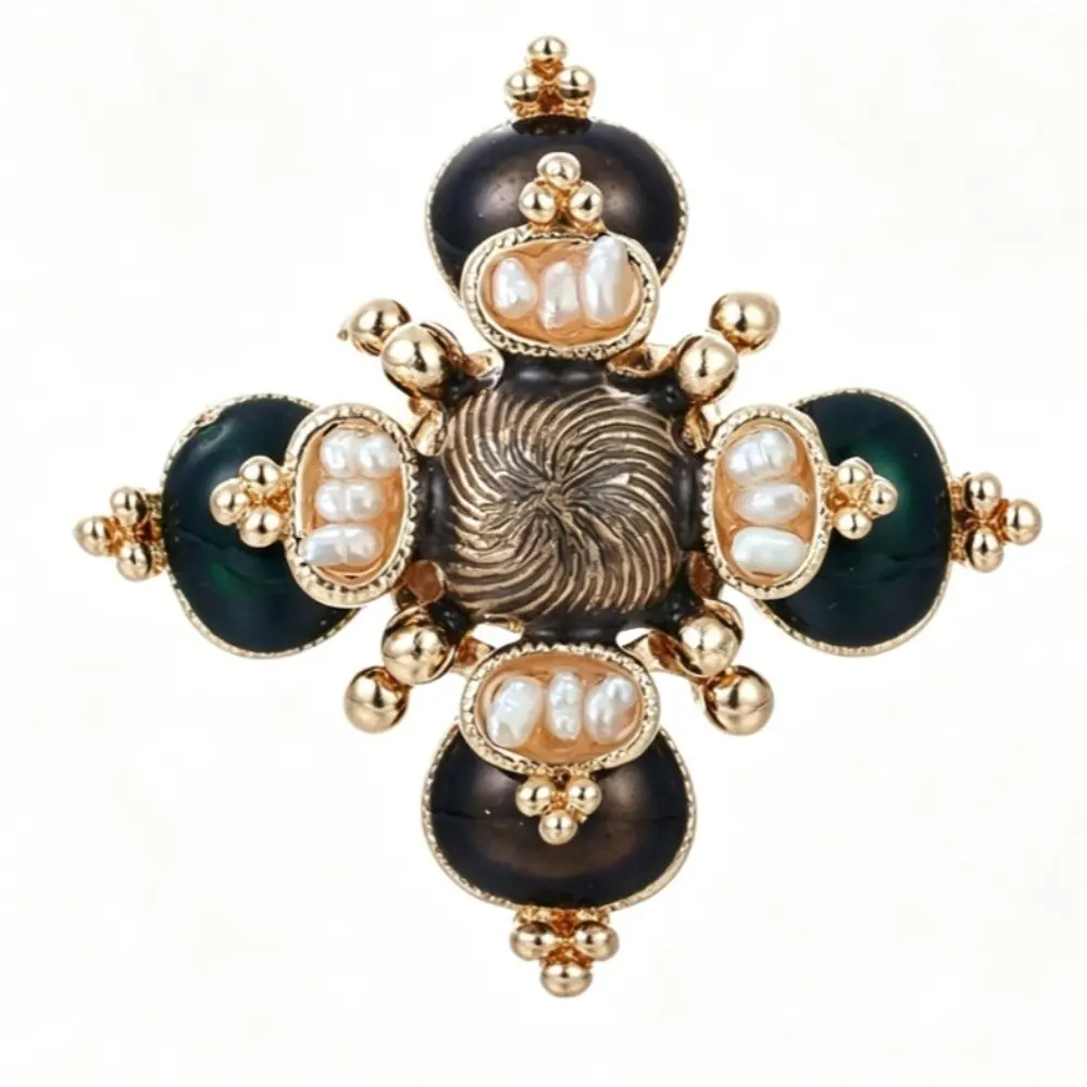 Vintage Cross Brooch Black Green Enamel Decorated with Cluster White Faux Pearl Antique Gold Frame Women Suit Lapel Pin