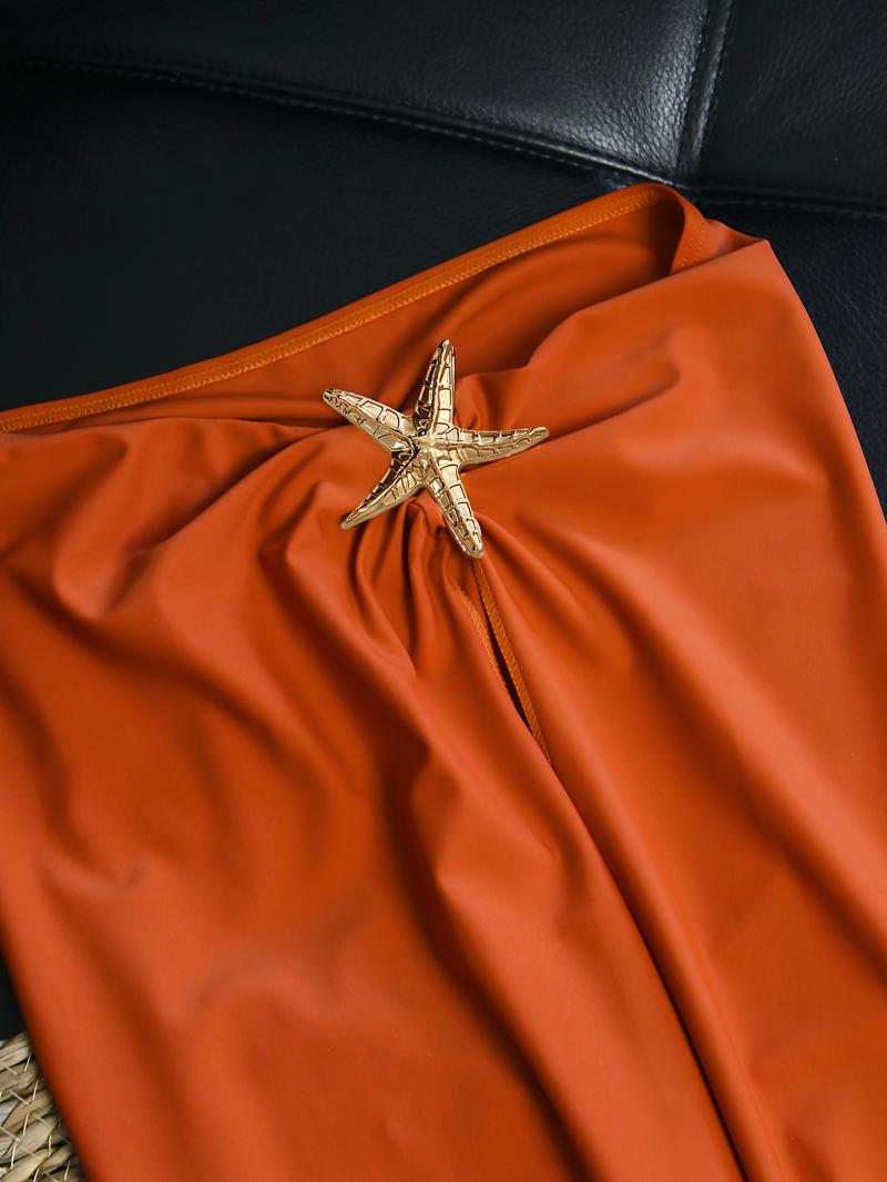 EDOLYNSA Solid Color Starfish Decorated Backless Lace-Up Orange Red One-Piece Swimsuit with High Slit Skirt Two-Piece Set Sexy Swimwear Holiday Pool Party Women's Elegant Bikini Set Fashion 2pcs Bikini Set with Beach Skirt K59