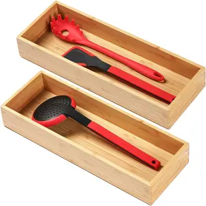 Bamboo Kitchen Utensils Organizer, Extra Long High Silverware Drawer Holder, Flatware Cutlery Storage Box, Multi-Use Drawer Divider in Office, Bathroom, Pantry - 17"x6"x2.5" (Set of 2)