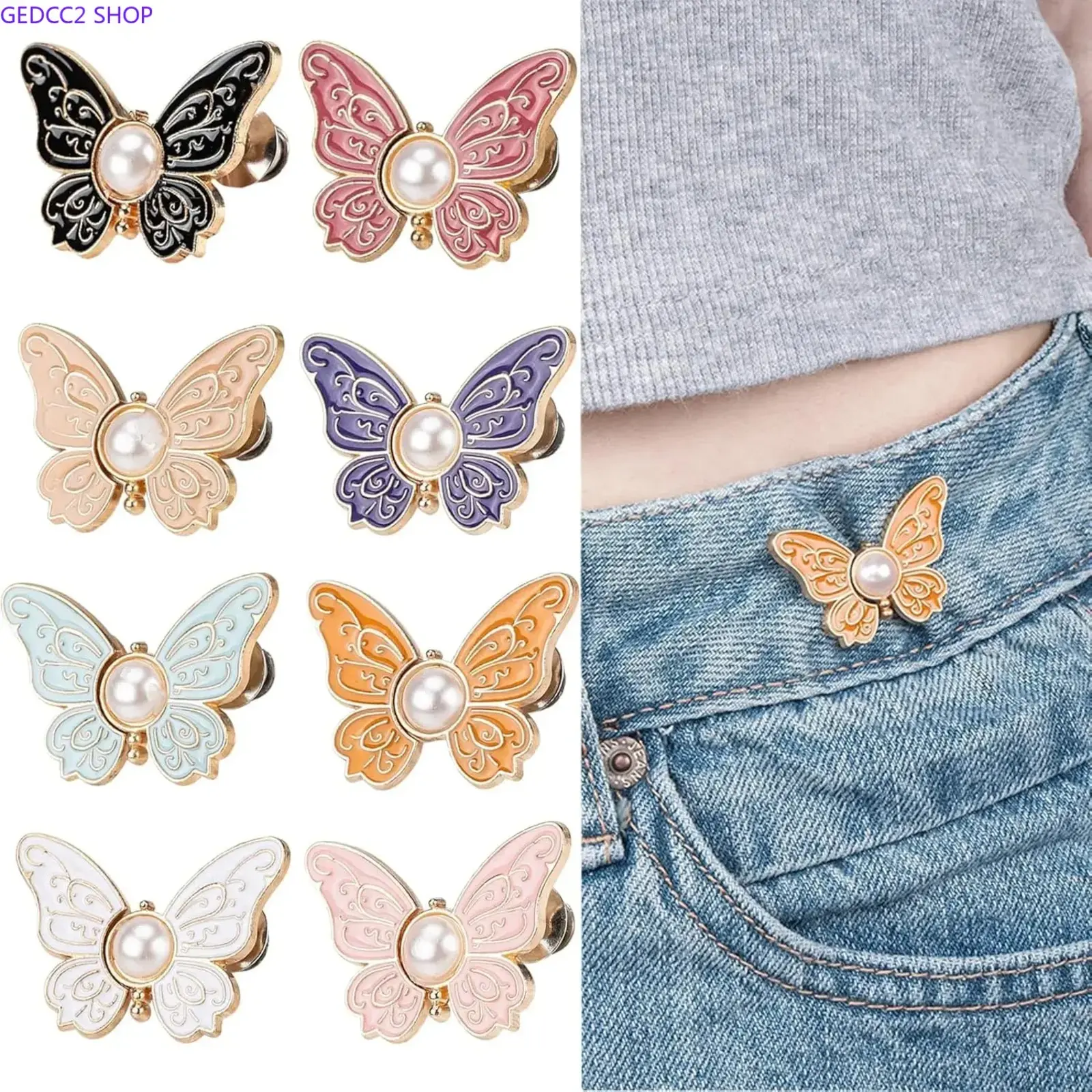 8PCS Butterfly Jean Waist Tightener Clips, No Sew Adjustable Waist Buckle Buttons for Loose Jeans & Pants, Decorative Clothing Accessories