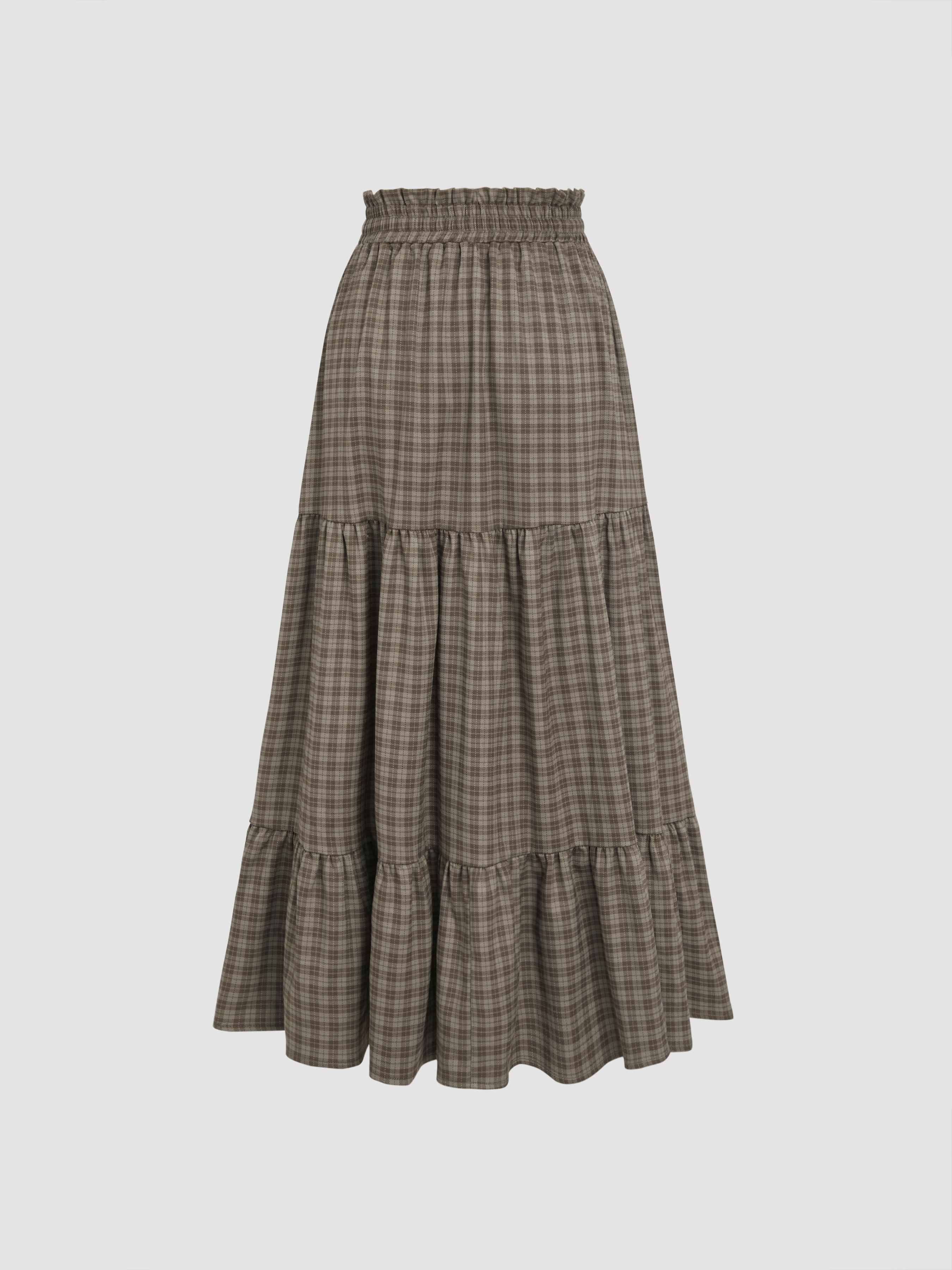 Cider [2 colors, size 2-26] Elastic Waist Check Knotted Tiered Maxi Skirt