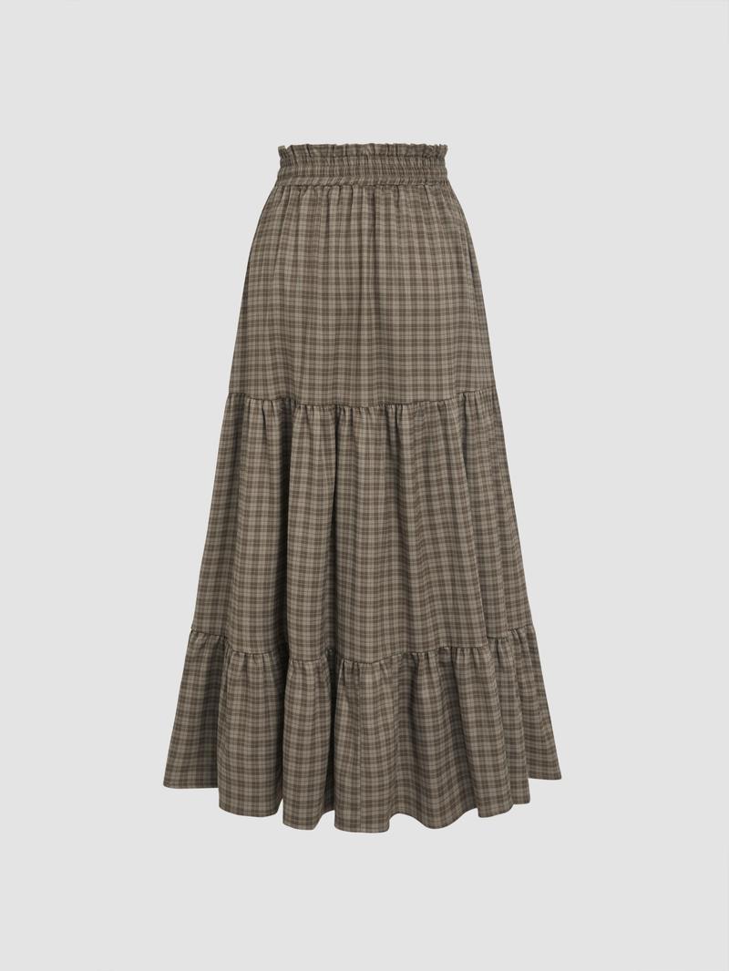 Cider [2 colors, size 2-26] Elastic Waist Check Knotted Tiered Maxi Skirt