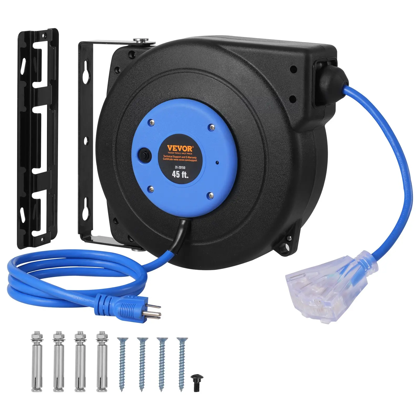 【Summerfinds】VEVOR Retractable Extension Cord Reel, 45 FT, Heavy Duty 12AWG/3C SJTOW Retractable Power Cord with Lighted Triple Tap Outlet, 15 Amp Circuit Breaker 180 Swivel Bracket for Ceiling or Wall Mount