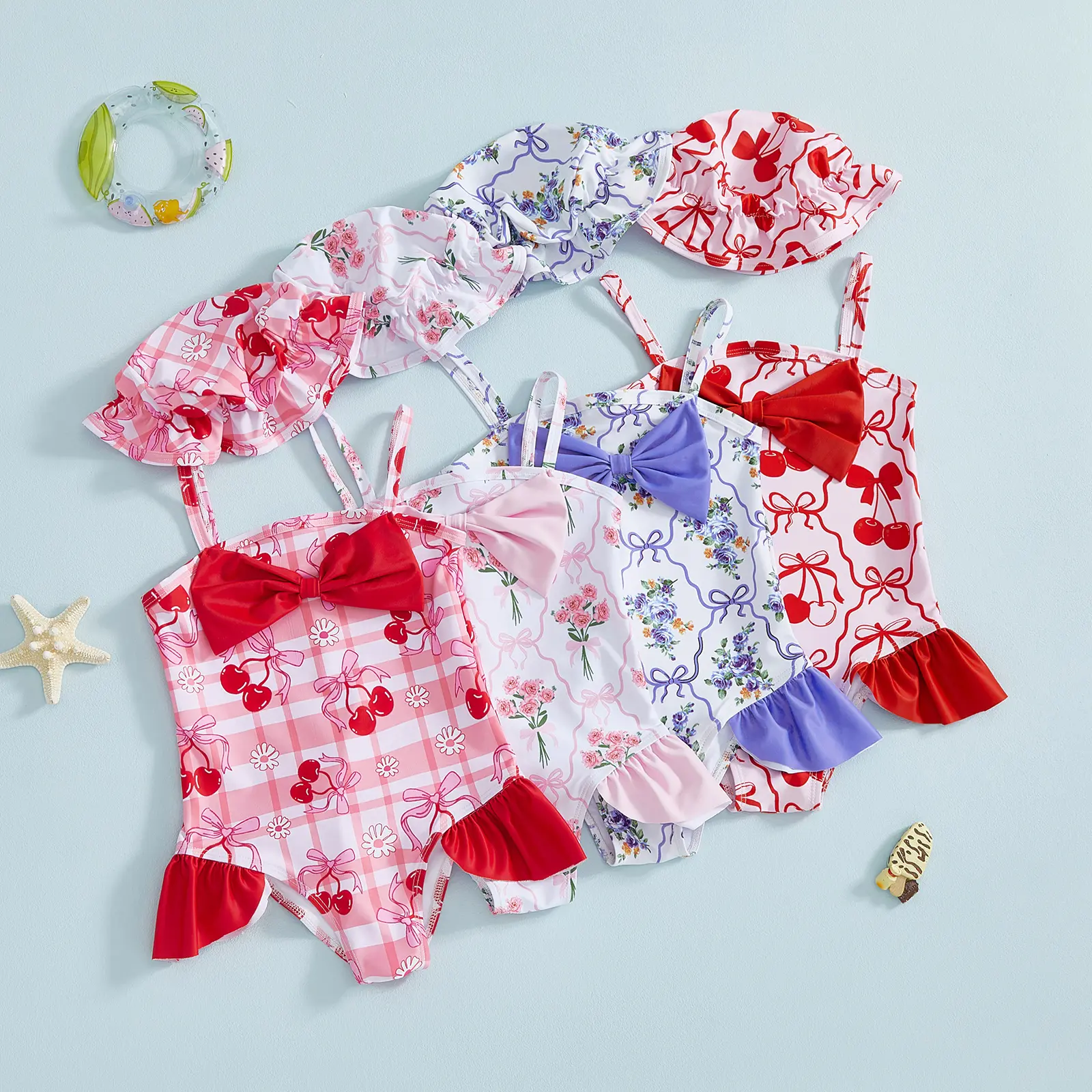 Toddler Baby Girl Swimsuit Set Flower Bow Spaghetti Strap Bathing Suit with Hat 2 Piece Set for Beach Pool