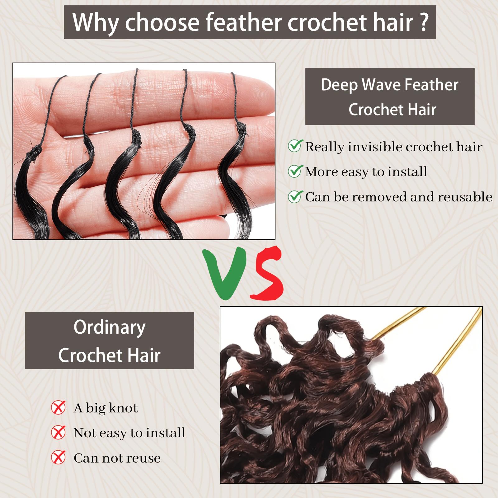Women's Feather Crochet Hair Bundle Deep Wave Crochet Hair 14 inches 50g Pre-separated Feather Crochet Hair Deep Wave Invisible Crochet Hair Piece 25 Strands Natural Black, Water Wave, Bohemian Braids