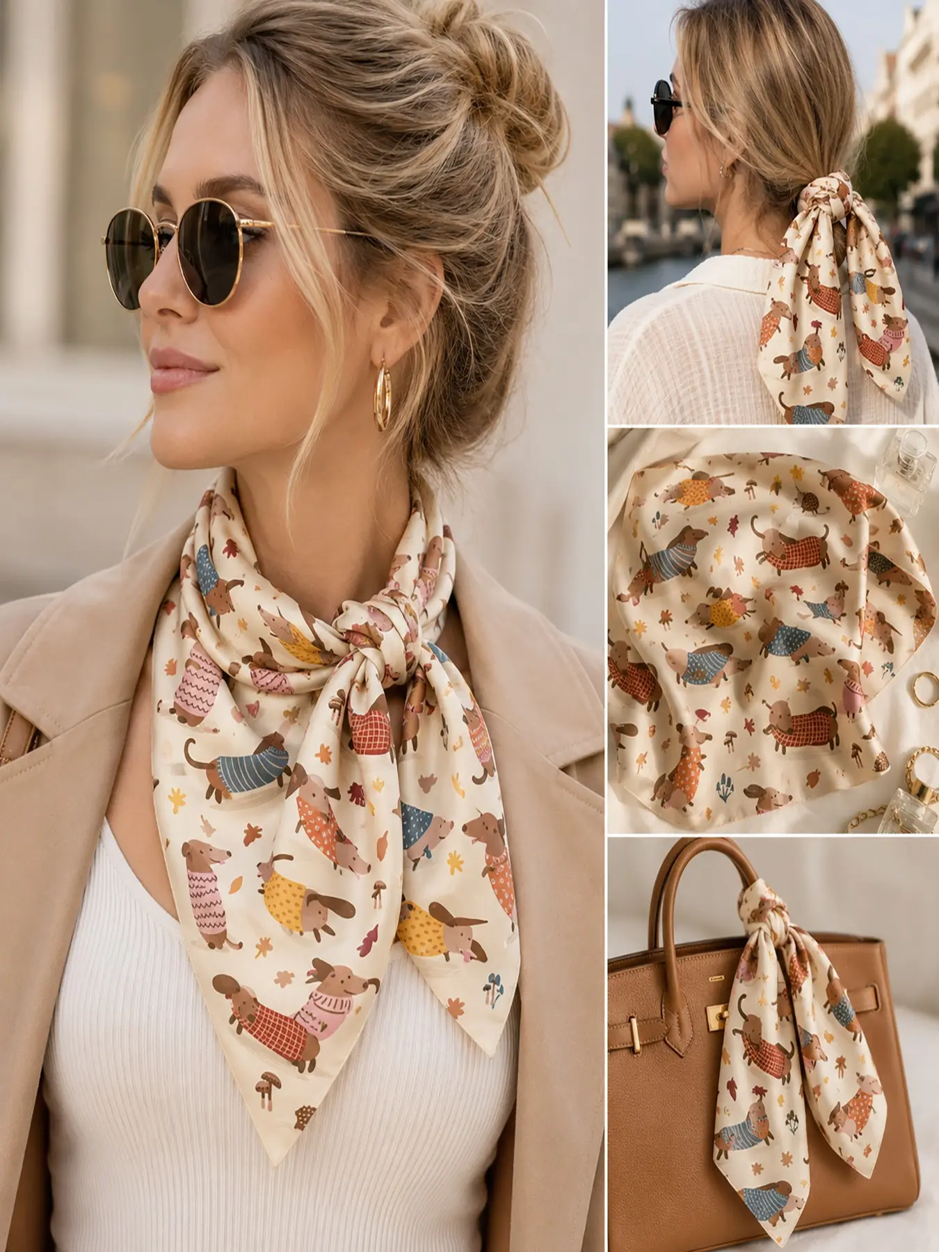 Cute Dachshund Print Silky Square Scarf, Multi-Way Hair Tie, Neck Kerchief, Bag Accessory, Retro Slim-Fitting, All Seasons