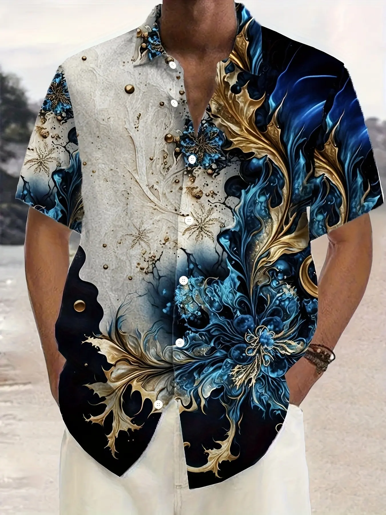Men's Short Sleeve Summer Shirt, High Street Luxury Fashion Style, Floral Print, Slim-Fitting, Casual, All Seasons, Trendy Streetwear, Beach Travel