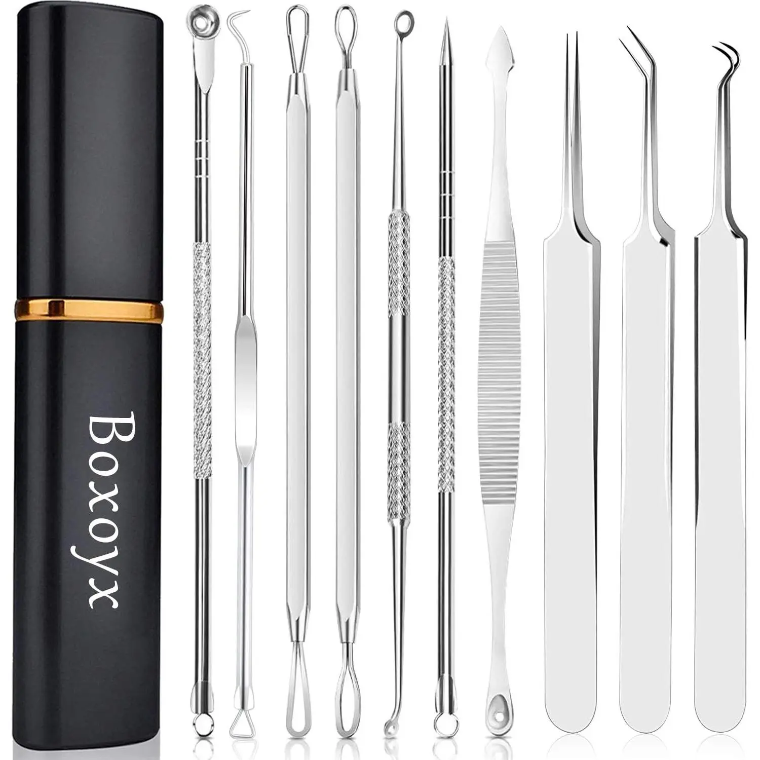 Popper Tool Kit - Boxoyx 10 Pcs Blackhead Remover Comedone Extractor Kit with Metal Case for Quick and Easy Removal of Pimples, Blackheads, Zit Removing, Forehead,Facial and Nose(Silver) : Beauty & Personal Care