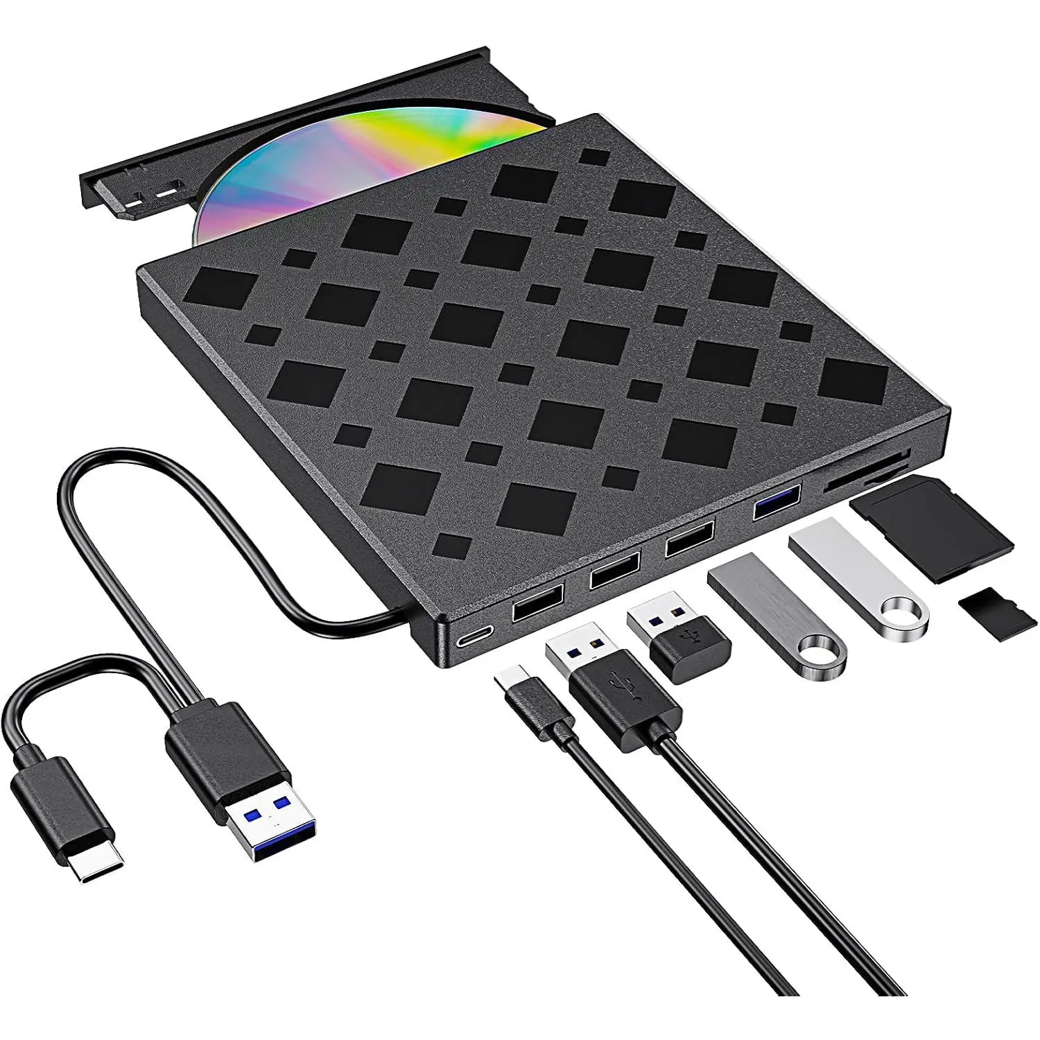 8-in-1 External CD/DVD Drive for Laptop, USB 3.0 Type-C Portable CD Player & DVD Burner Writer, CD/DVD ROM External Disc Drive for PC  Windows, with SD/TF Card Reader & USB Hub