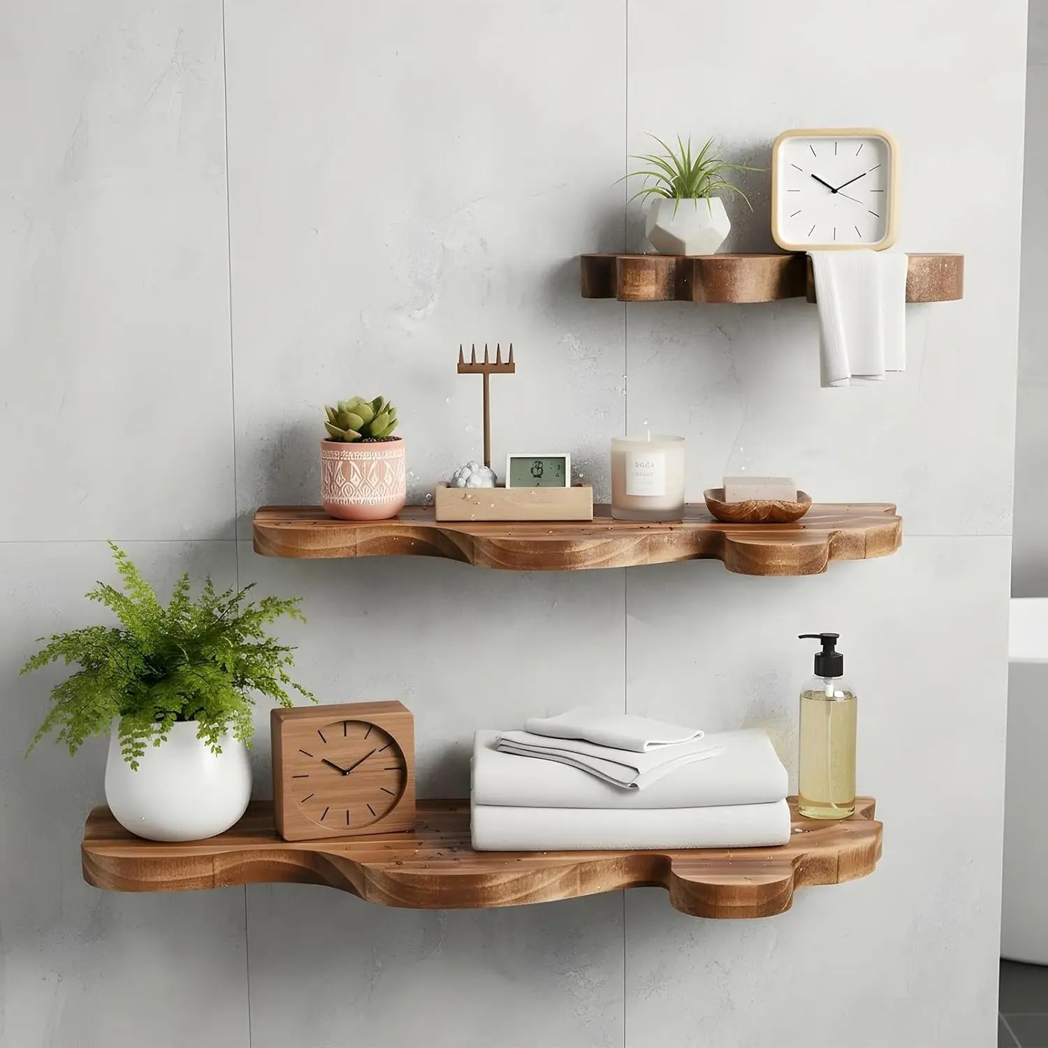 Brown 3-Set Small Floating Wall Shelves - 3 Sizes Live Edge Wooden Shelves with Metal Brackets, Decorative Farmhouse Vintage Wall Decor for Living Room Bedroom, Easy Installation